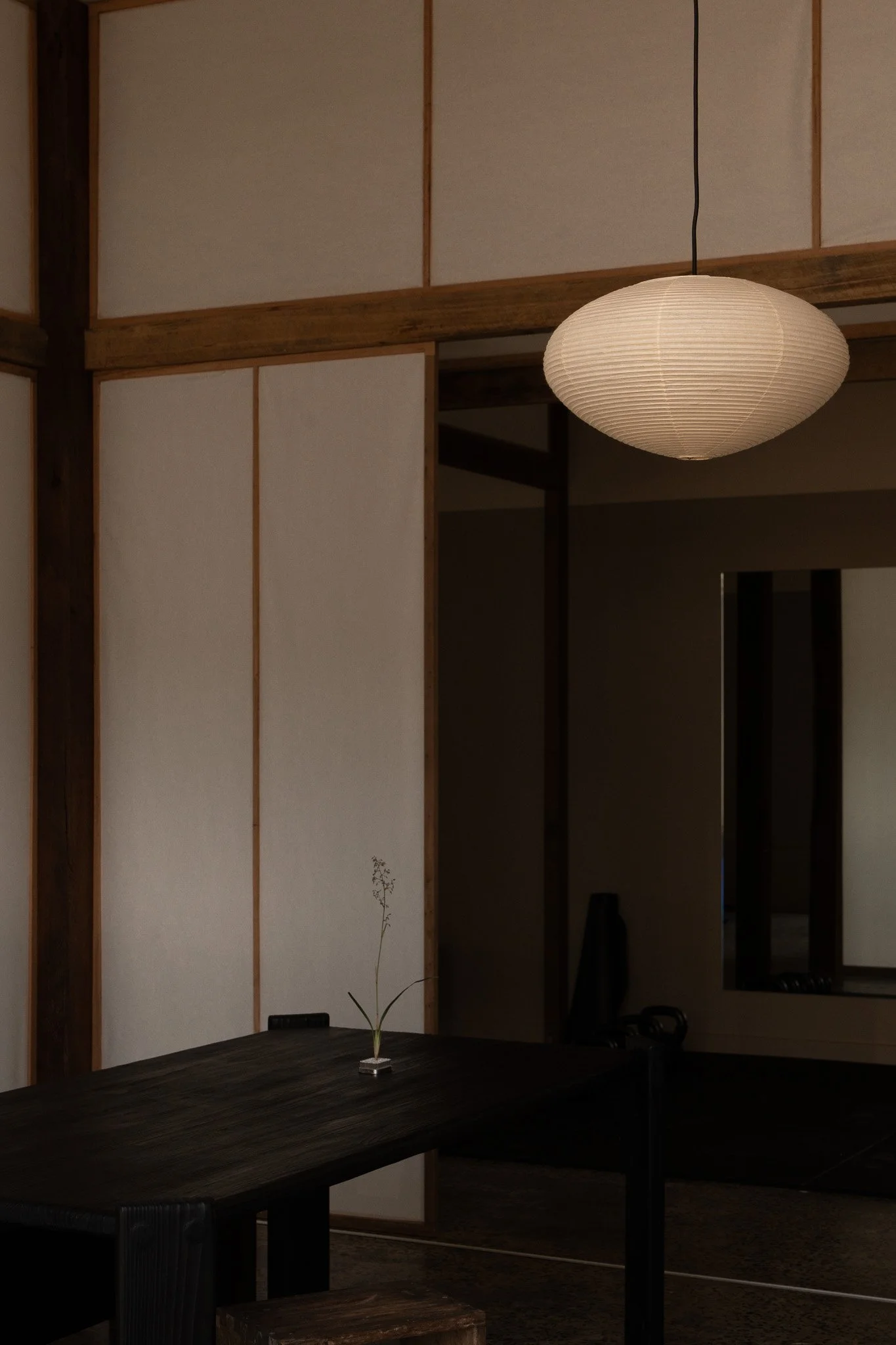 A minimalist interior scene with a single tall, thin plant in a vase on a dark wooden table against shoji screens and akari pendant light in koko retail space, located at Erina, Central Coast.