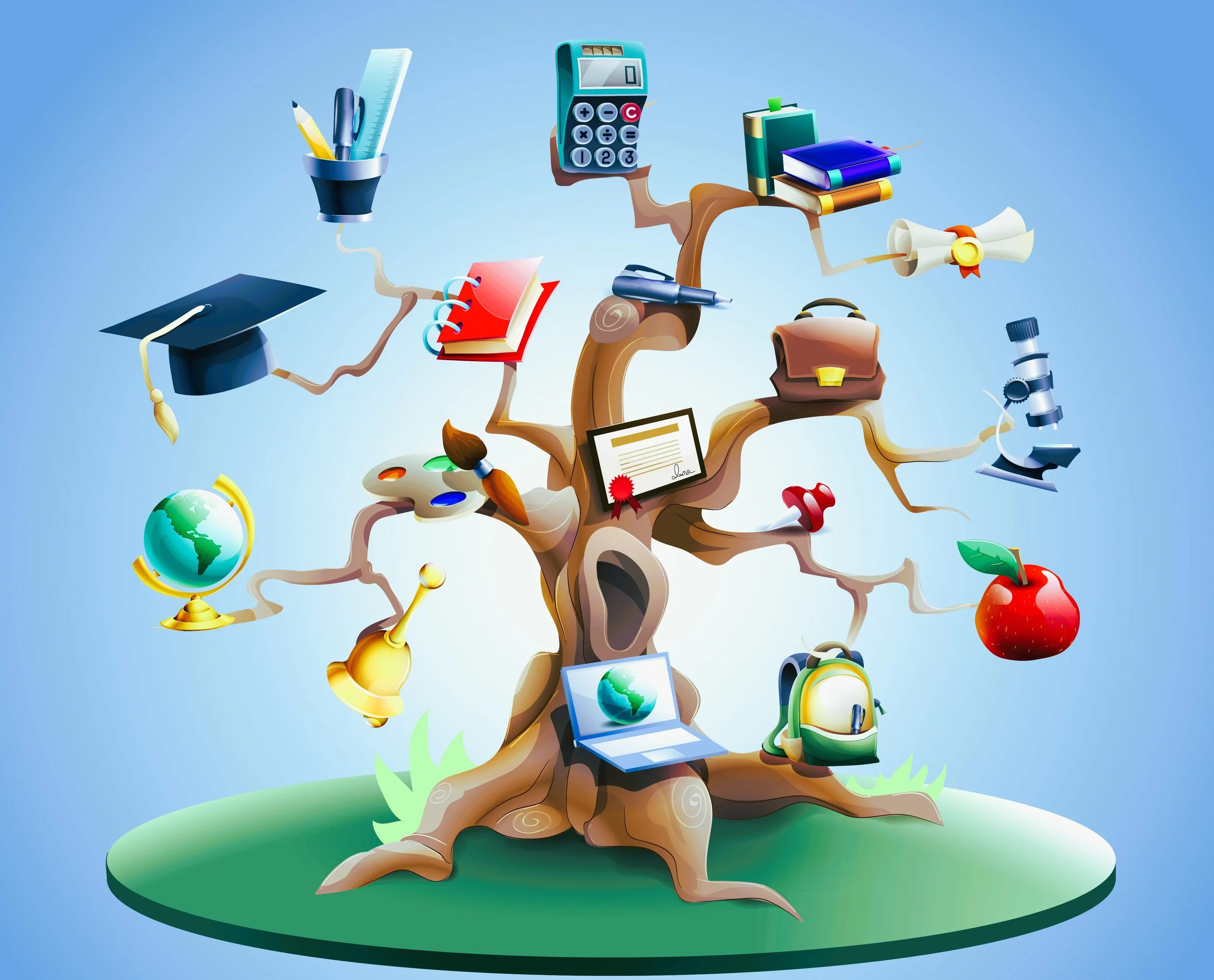 Colorful tree with educational items such as books, a calculator, a globe, a backpack, a diploma, and a paint palette attached to its branches on a grassy patch with a blue sky background.