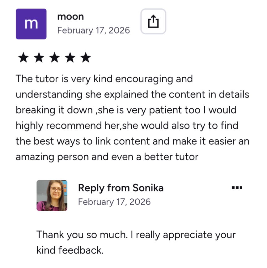 Online review praising a tutor for her kindness, encouragement, patience, and helpfulness, with a reply thanking the reviewer for their positive feedback.