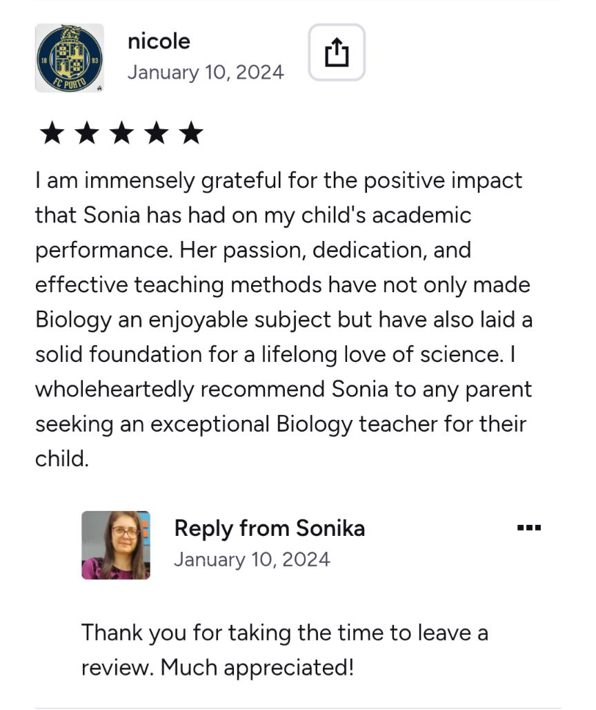 Screenshot of a positive review for Sonika, a science teacher, on January 10, 2024, showing a five-star rating and a written testimonial praising her teaching methods and impact on student performance.