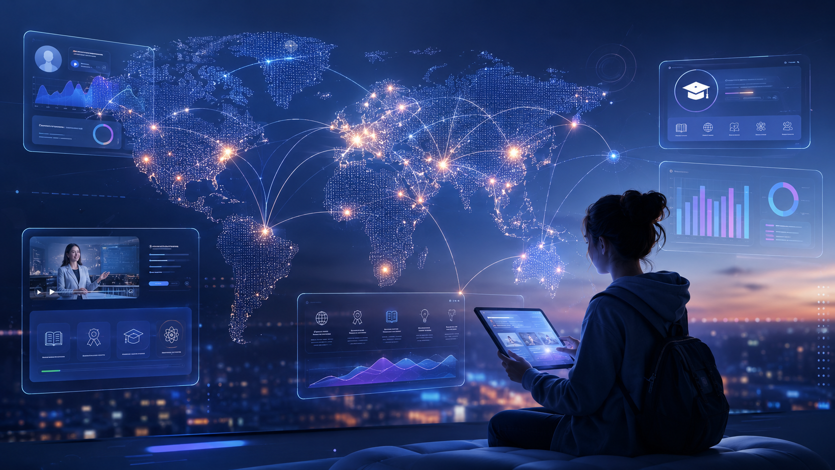 A woman with a backpack sitting at a high vantage point, looking at a futuristic digital world map with data visualizations and interconnected nodes over a cityscape at dusk.