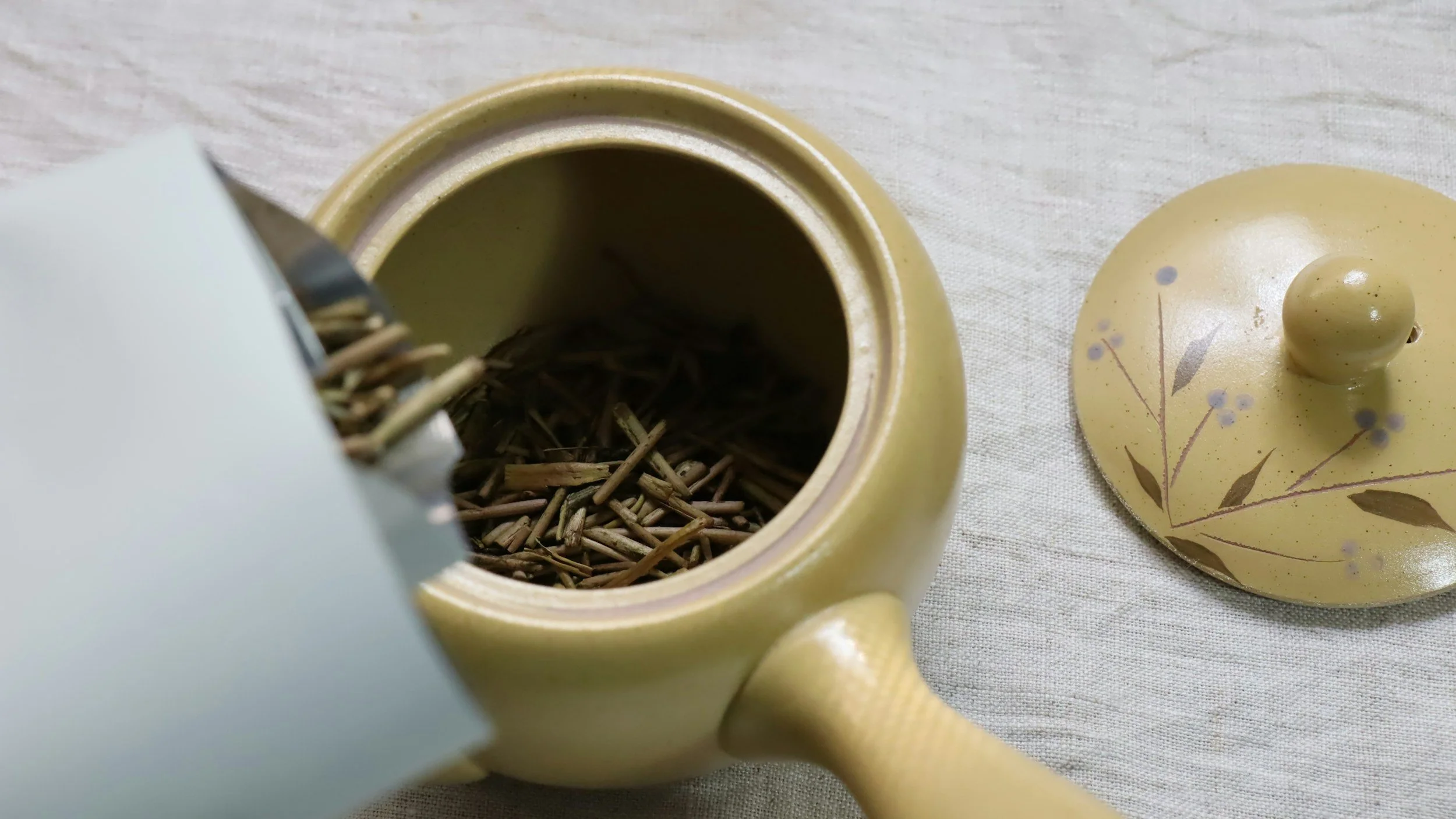 a japanese teapot containing hojicha