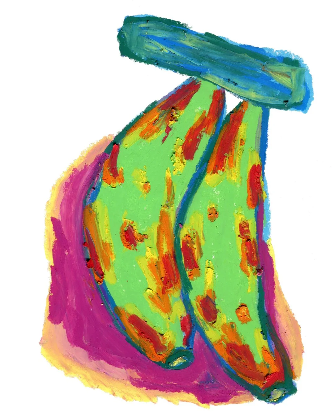 A painting depicting two bananas, one green and one yellow, arranged artistically on a neutral background.