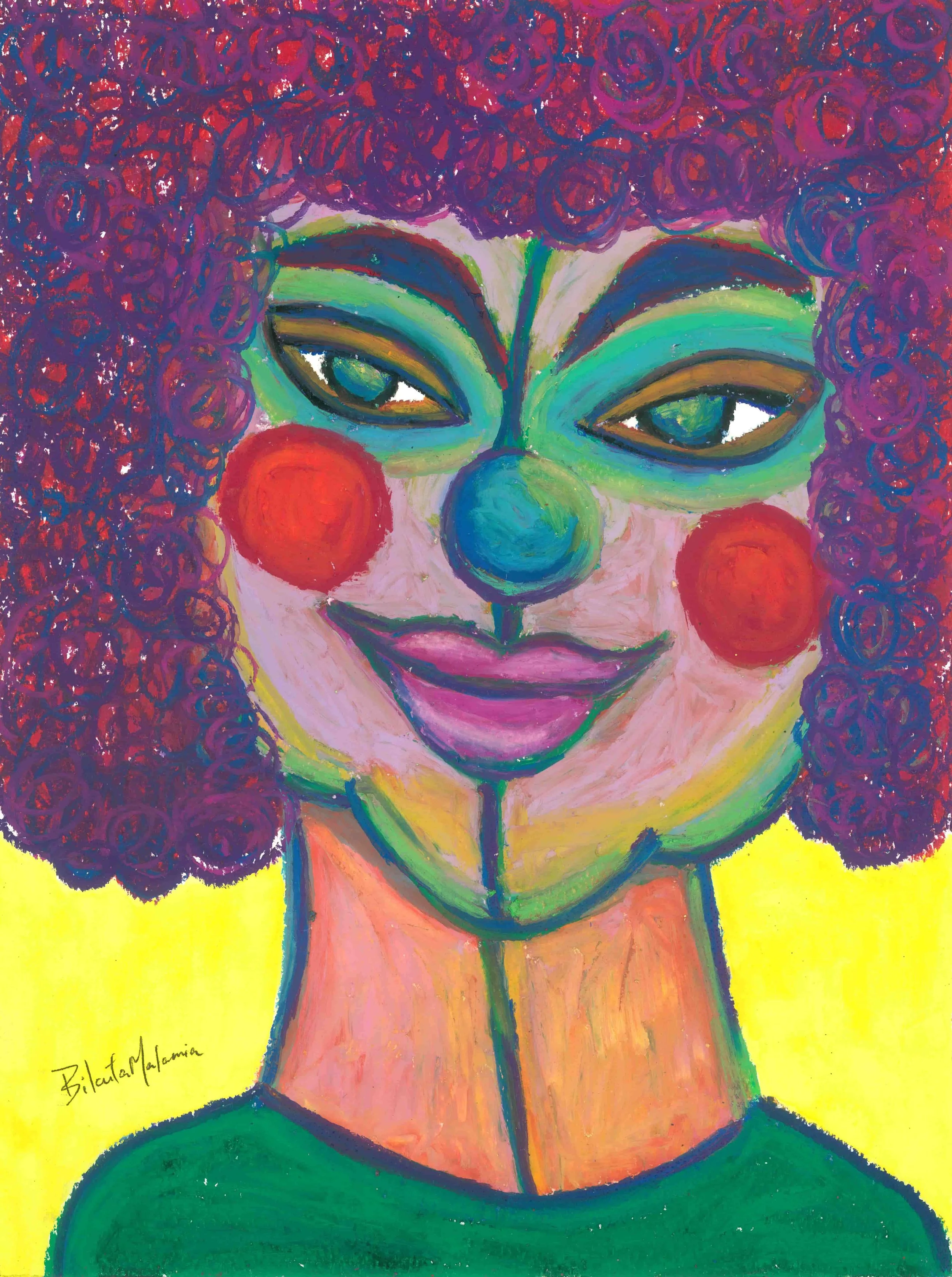 An artistic portrayal of a clown with bold red hair and green eyes, showcasing a joyful demeanor amidst a colorful backdrop.