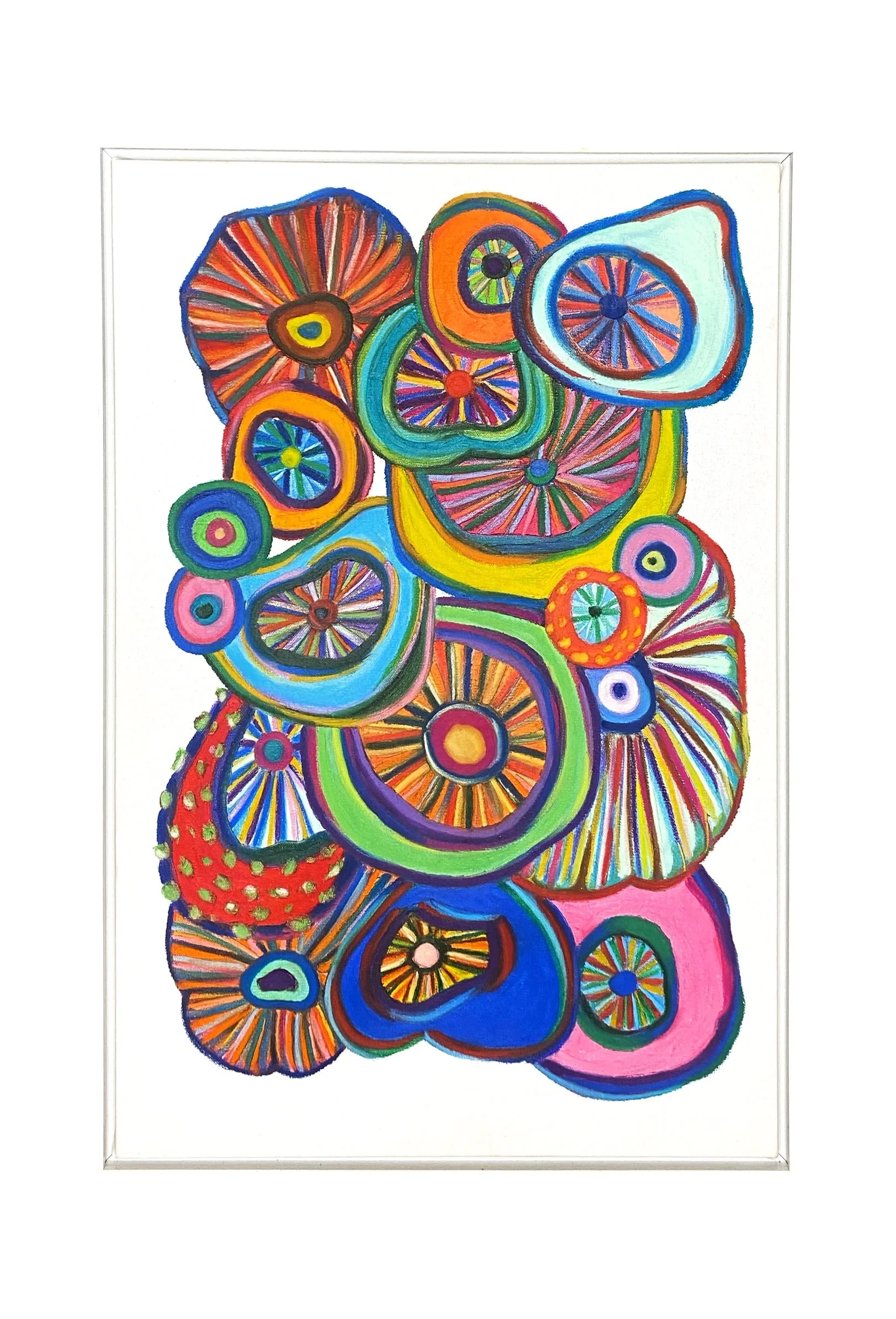 An abstract & surreal oil pastel painting showcasing a variety of colorful forms that evoke the appearance of fungi, set in a lively composition.