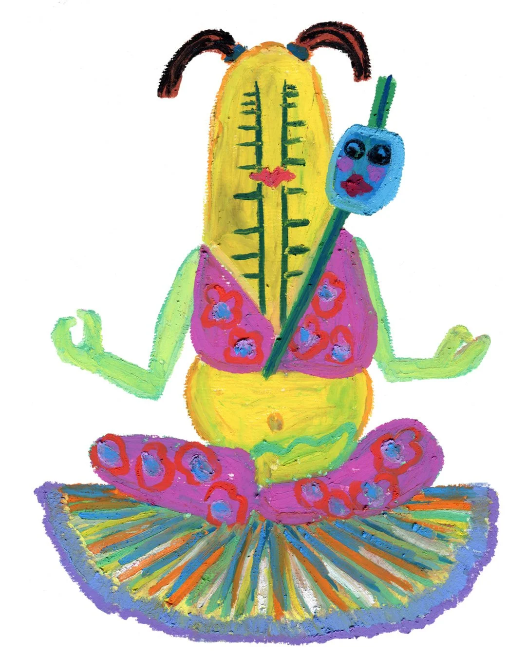 Sitting in meditation with arms open and extended outward,  it shaped like the swinging face of a metronome. Painting in oil pastel on fine arts paper by HK artist