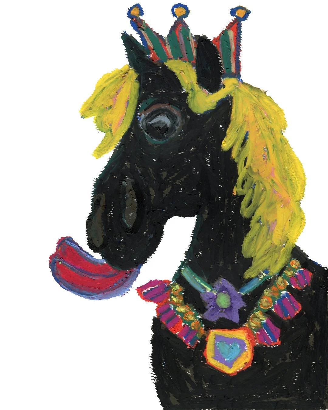 A black horse wearing a fancy luxury bijoux with its tongue sticking out. Painting in oil pastel on fine arts paper by HK artist