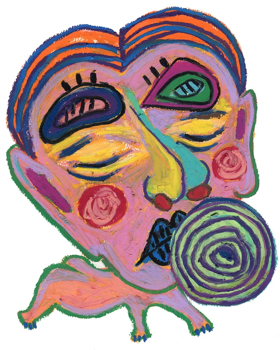 A cartoonish painting of a man characterized by a large head and mouth, emphasizing humorous and exaggerated facial proportions. Painting in oil pastel on fine arts paper by HK artist