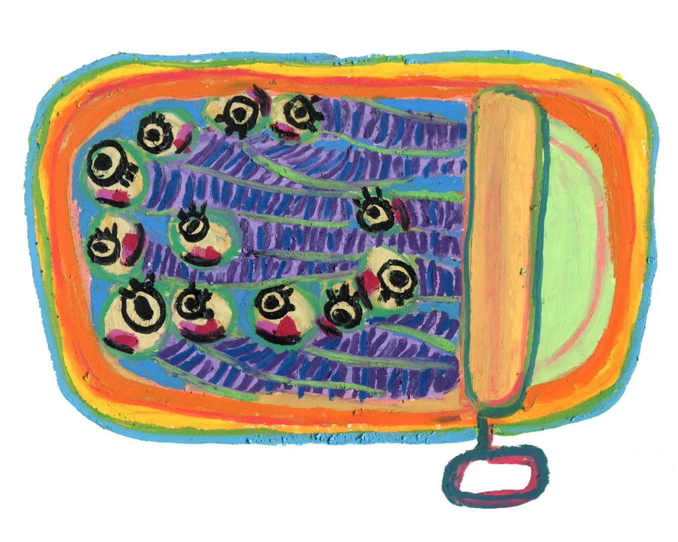 A vibrant painting of a packed sardine can, showcasing a mix of bright colors and playful design. Painting in oil pastel on fine arts paper by HK artist