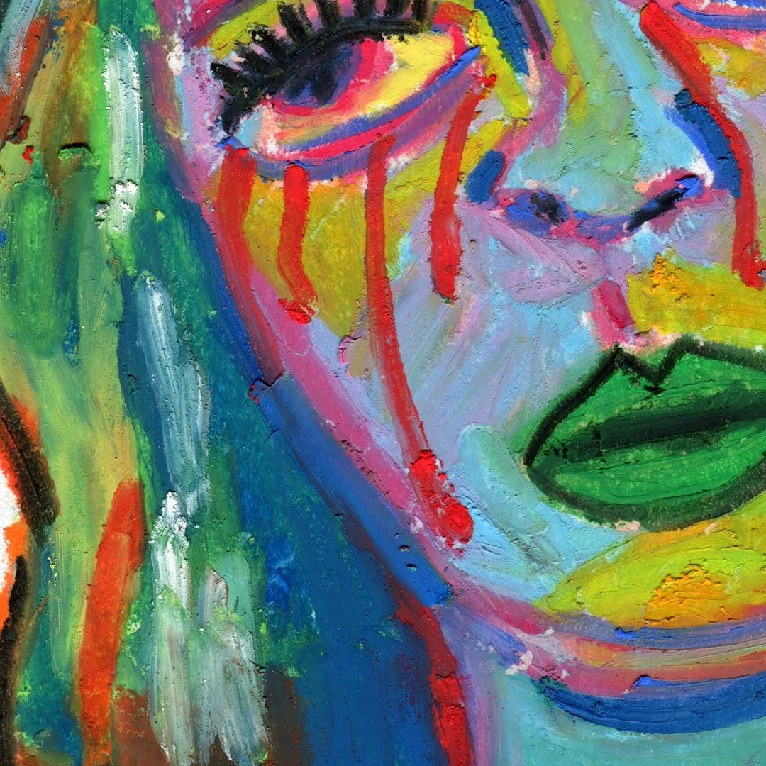 An oil pastel painting of a woman with a blue face, crying red tears, evoking a sense of profound sadness