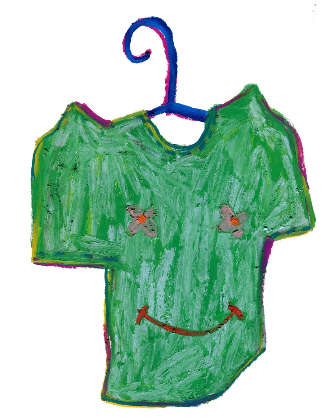Green t-shirt with a big smile, its hanging on a blue vibrant hanger.Painting in oil pastel on fine arts paper by HK artist