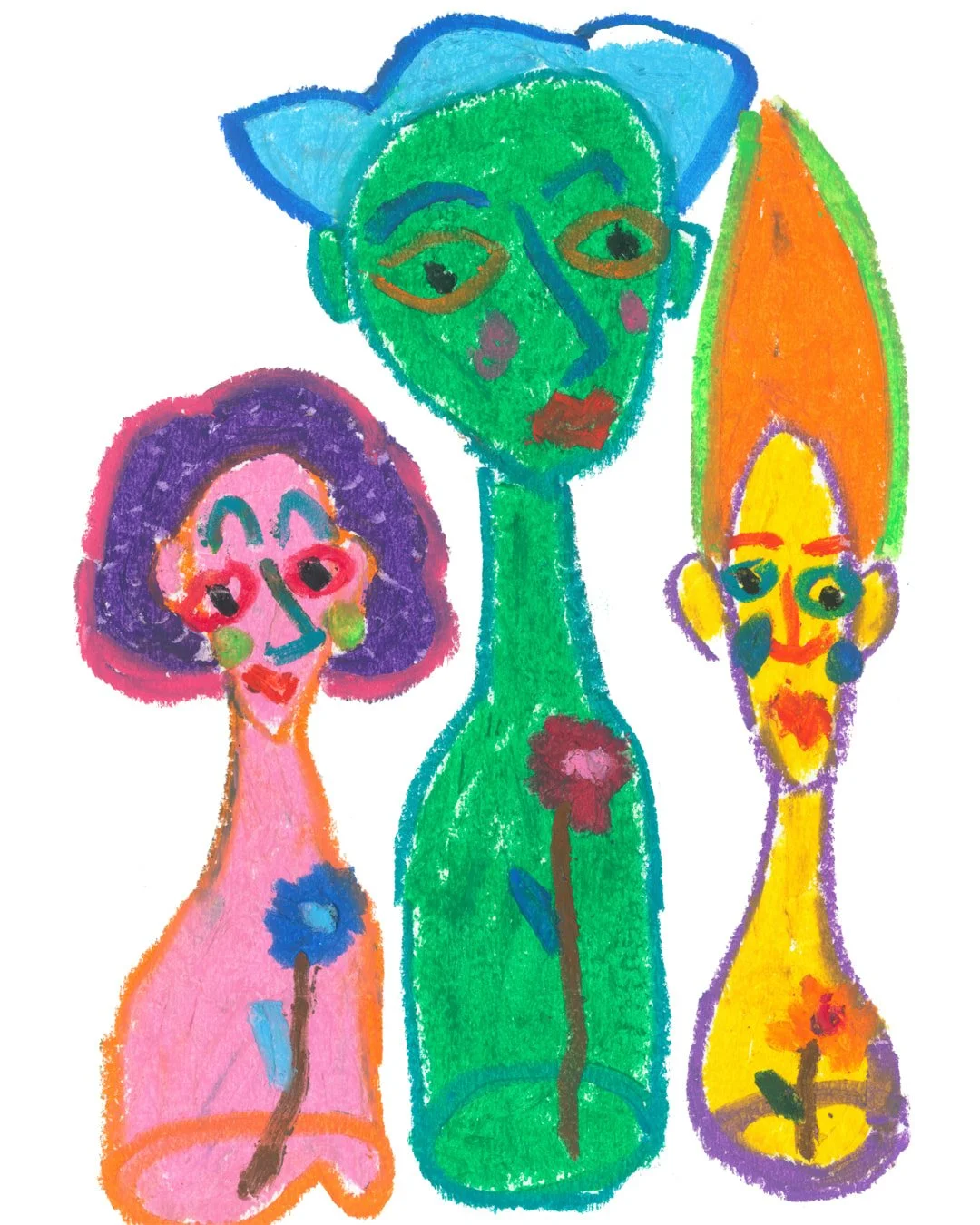 Three vibrant vases with playful faces, each showcasing unique expressions and colors.