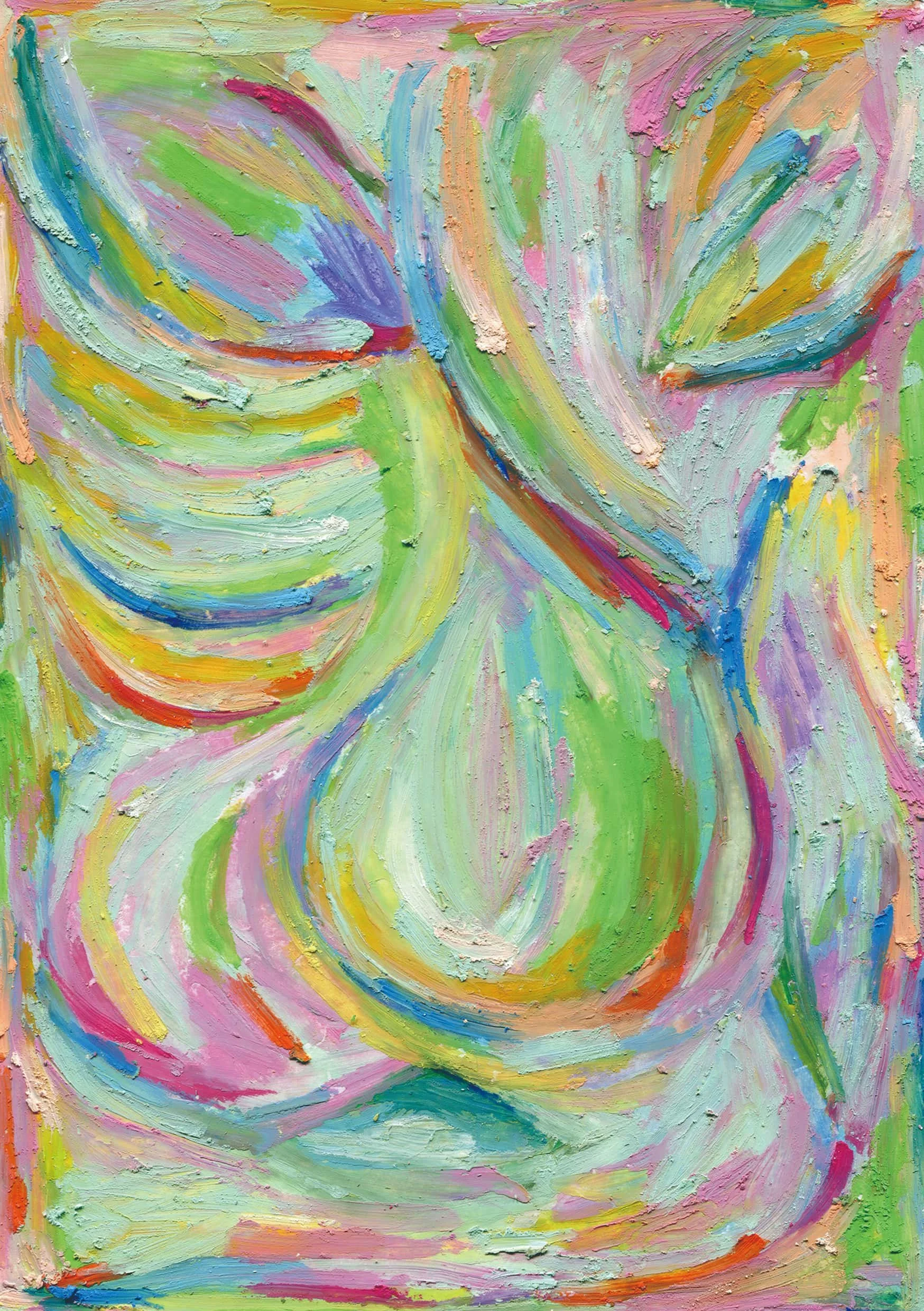 An abstract painting featuring vibrant swirls of blue, red, and yellow, creating a dynamic and energetic composition.