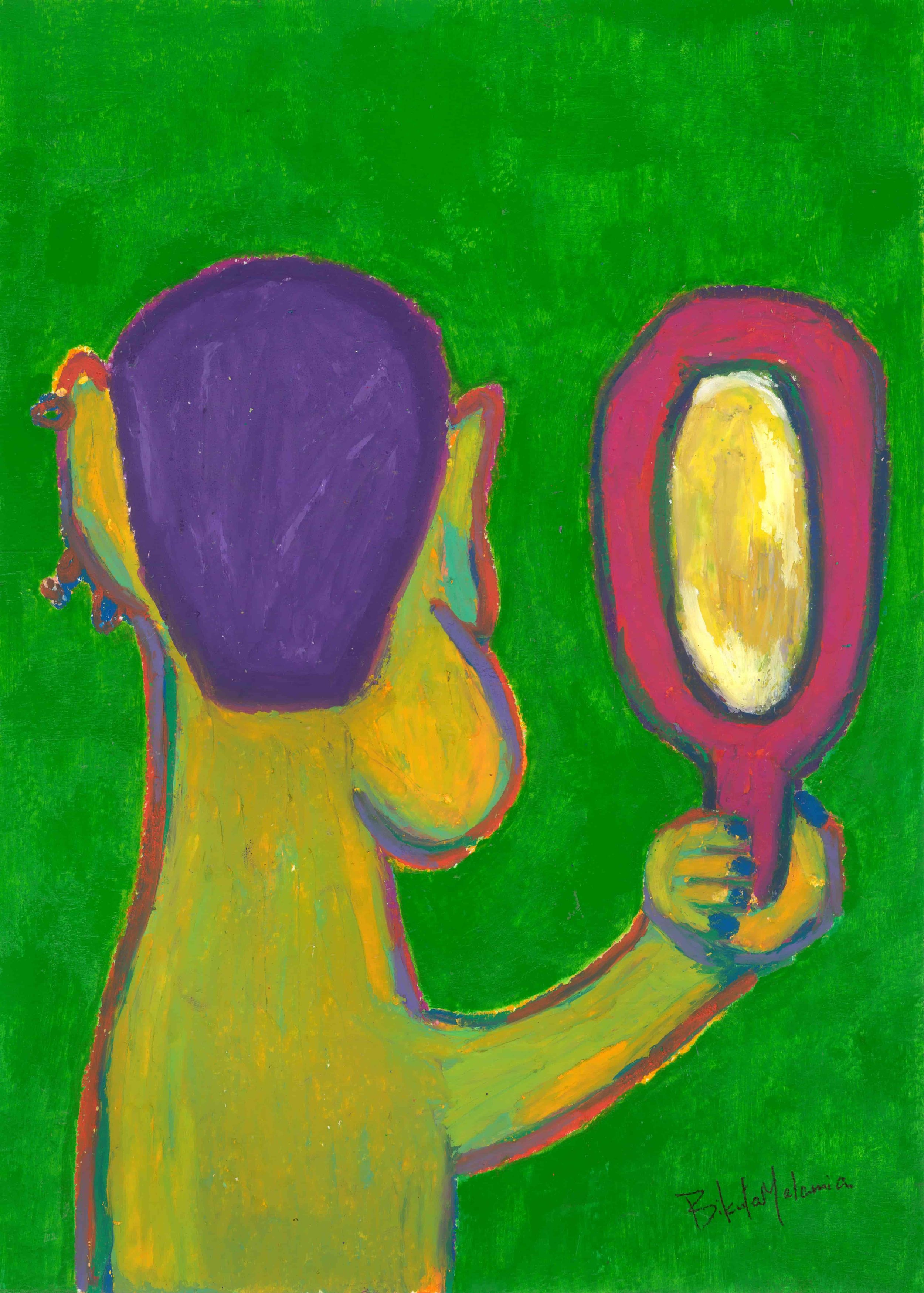 A lively painting featuring a man holding a mirror, capturing its inquisitive look and the bright, detailed scenery around it.