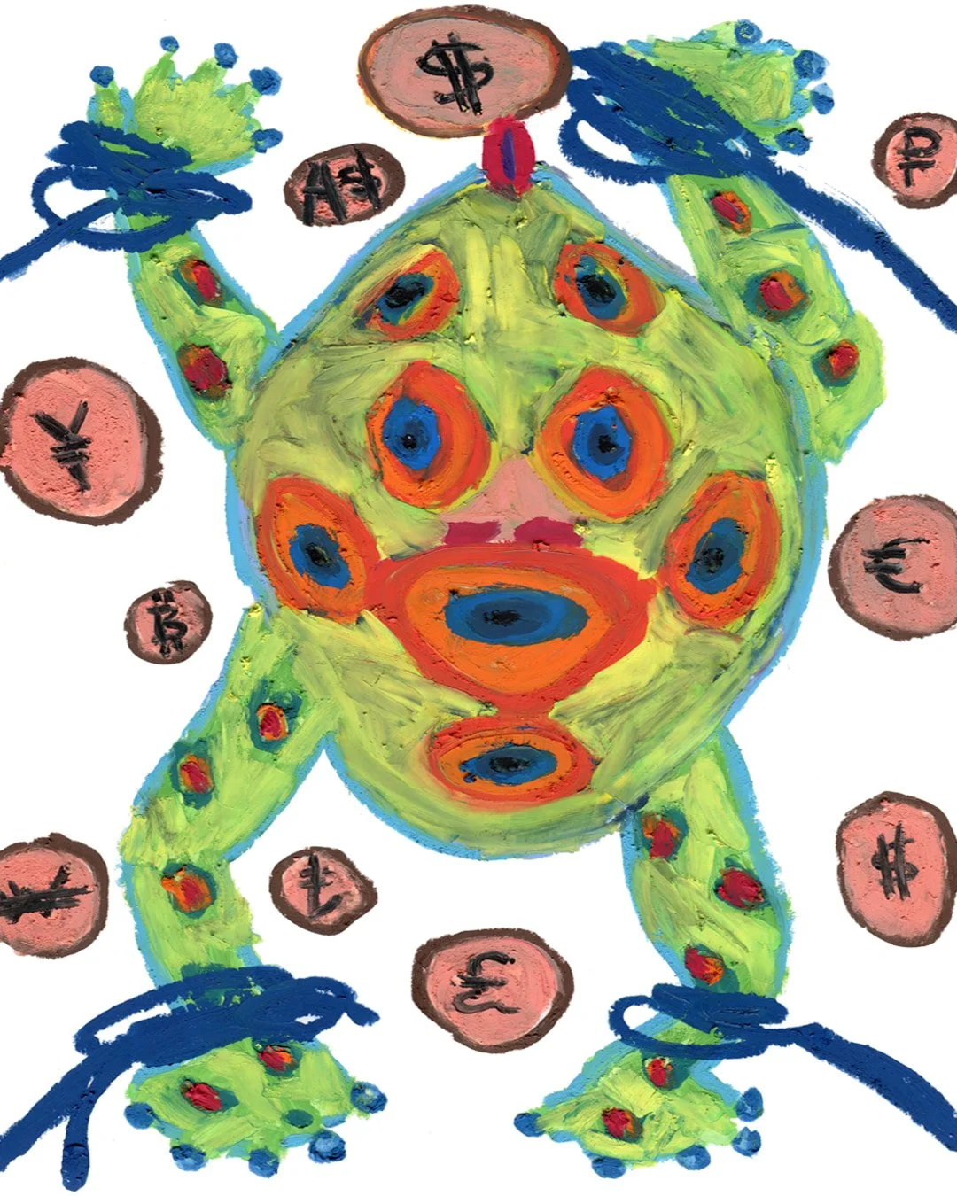 A helpless frog with tied limbs, isolated in an empty space filled only with money. Painting in oil pastel on fine arts paper by HK artist