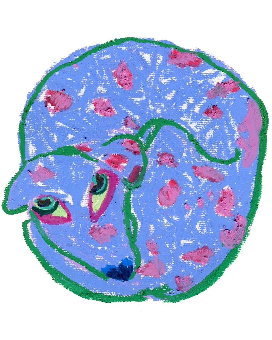 Light purple dog with pink dot dot. Painting in oil pastel on fine arts paper by HK artist