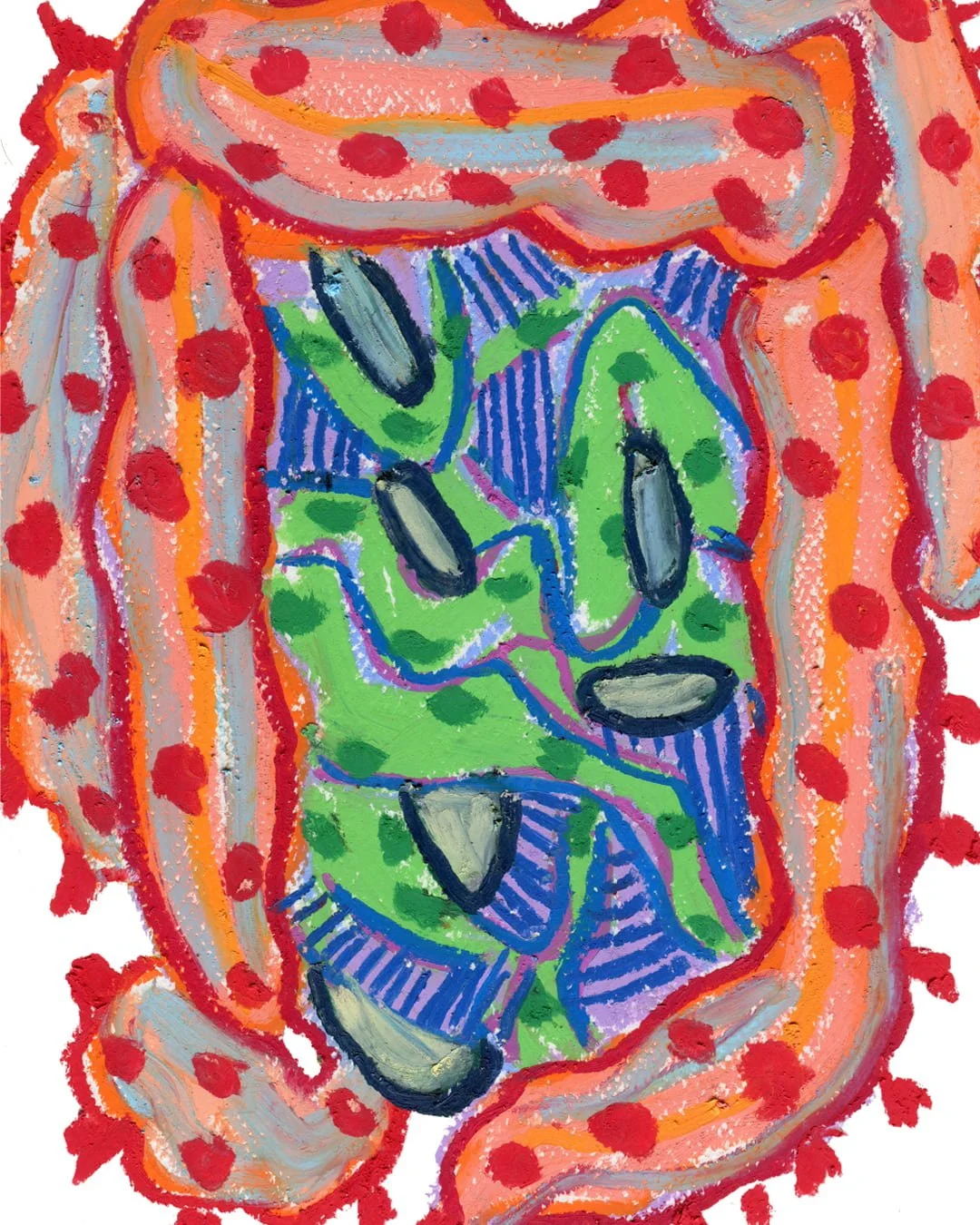 A vibrant painting of a huge intestine featuring red, green, and blue dots scattered throughout its structure. Painting in oil pastel on fine arts paper by HK artist