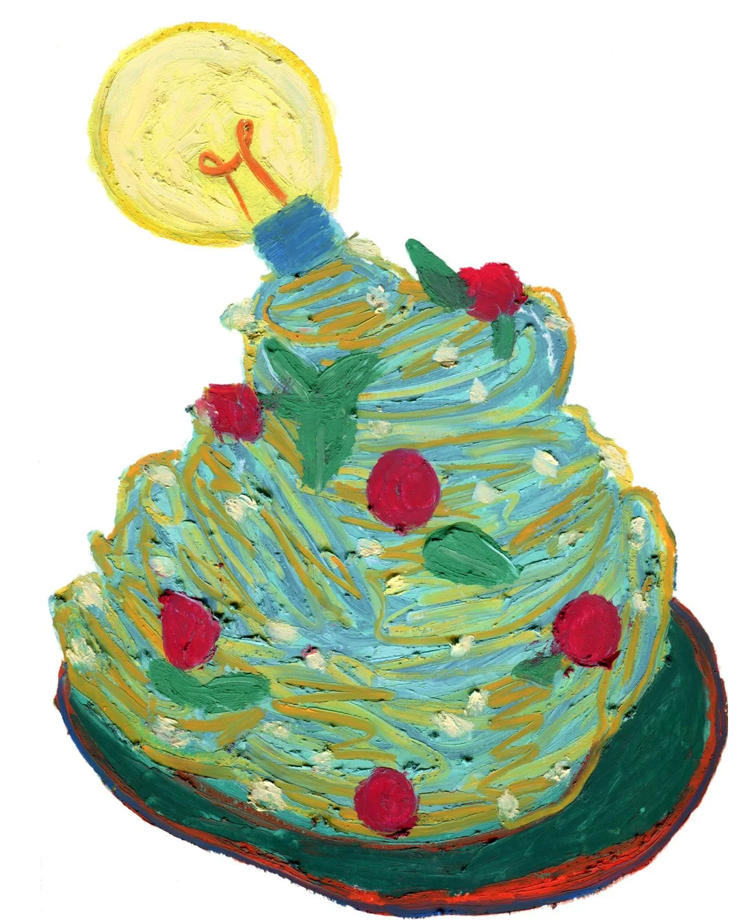 A beautifully pasta with a glowing light bulb on top, capturing a celebratory atmosphere. Painting in oil pastel on fine arts paper by HK artist