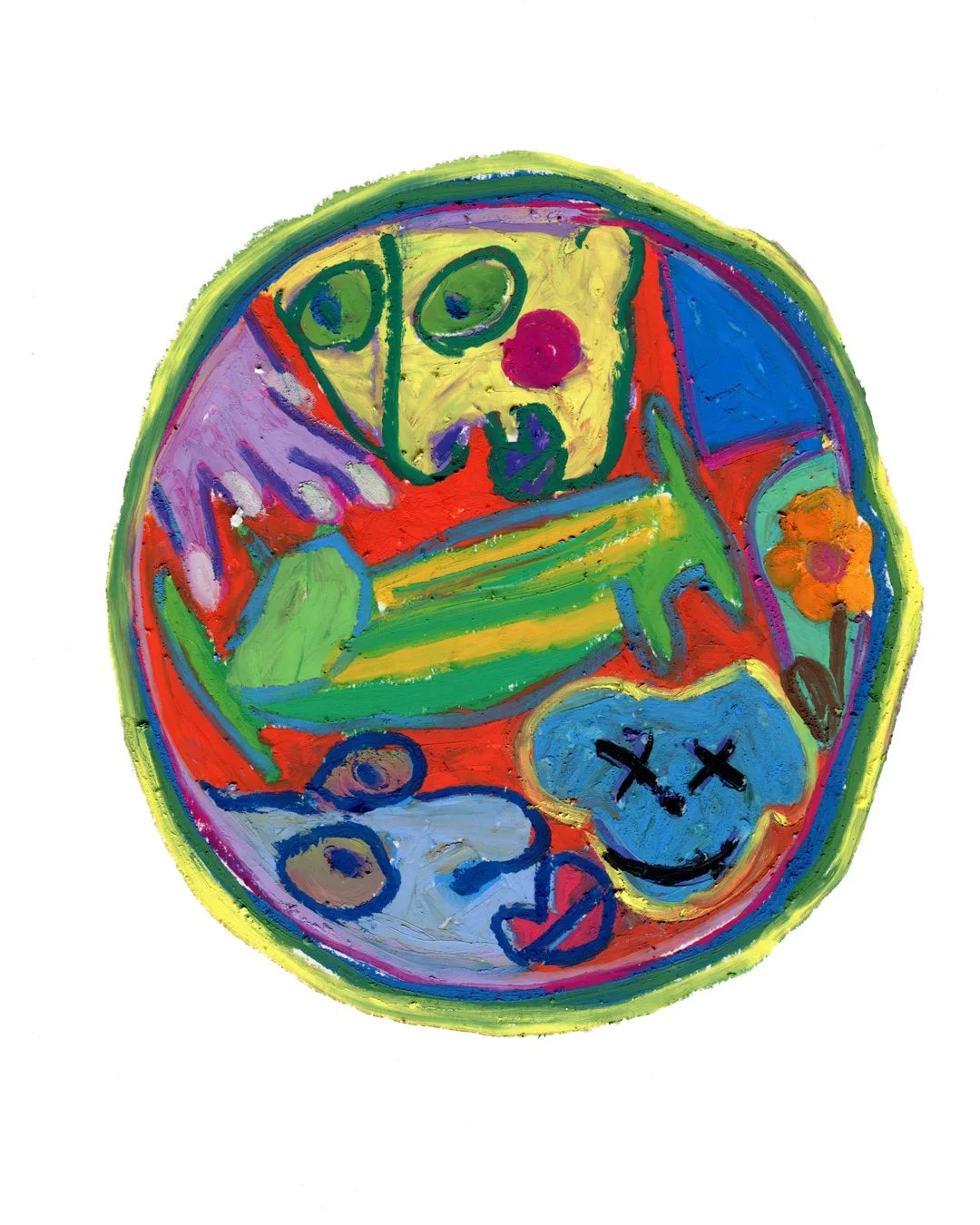 Circle rounded mirror, reflecting two creature, a bed and a blue little monster. Painting in oil pastel on fine arts paper by HK artist