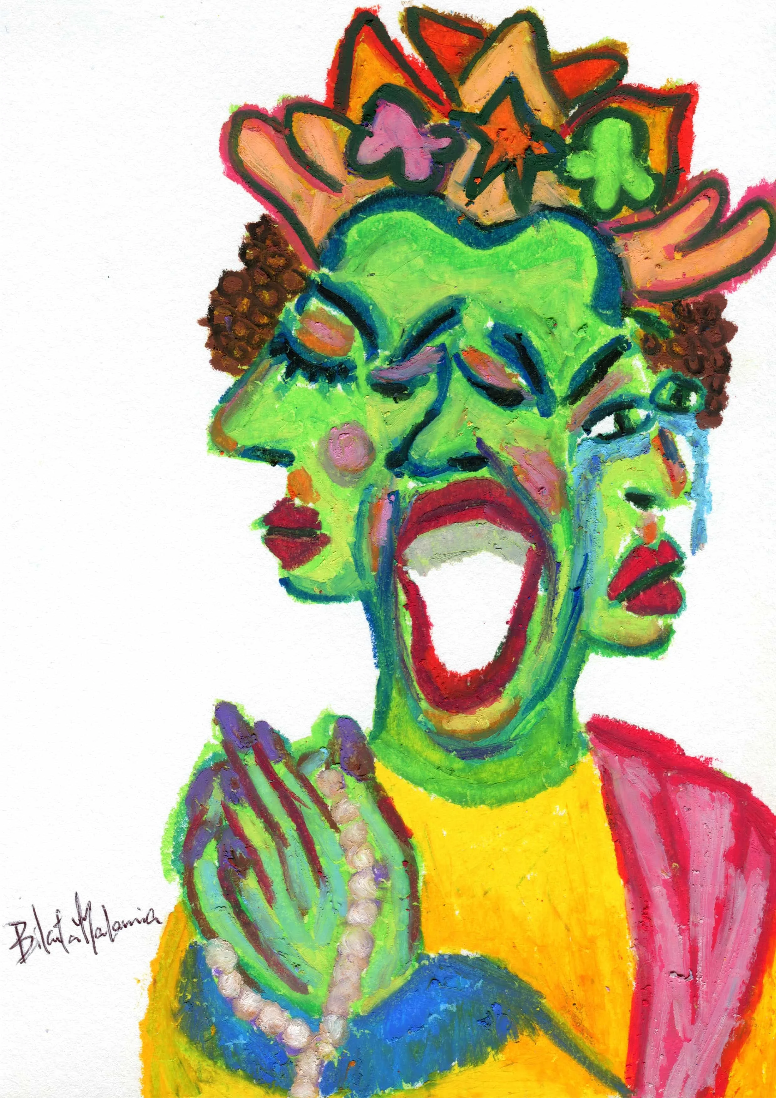 A vivid colour painting of a 3 faced character with a crown, deeply immersed in Buddhist prayer, reflecting spirituality.