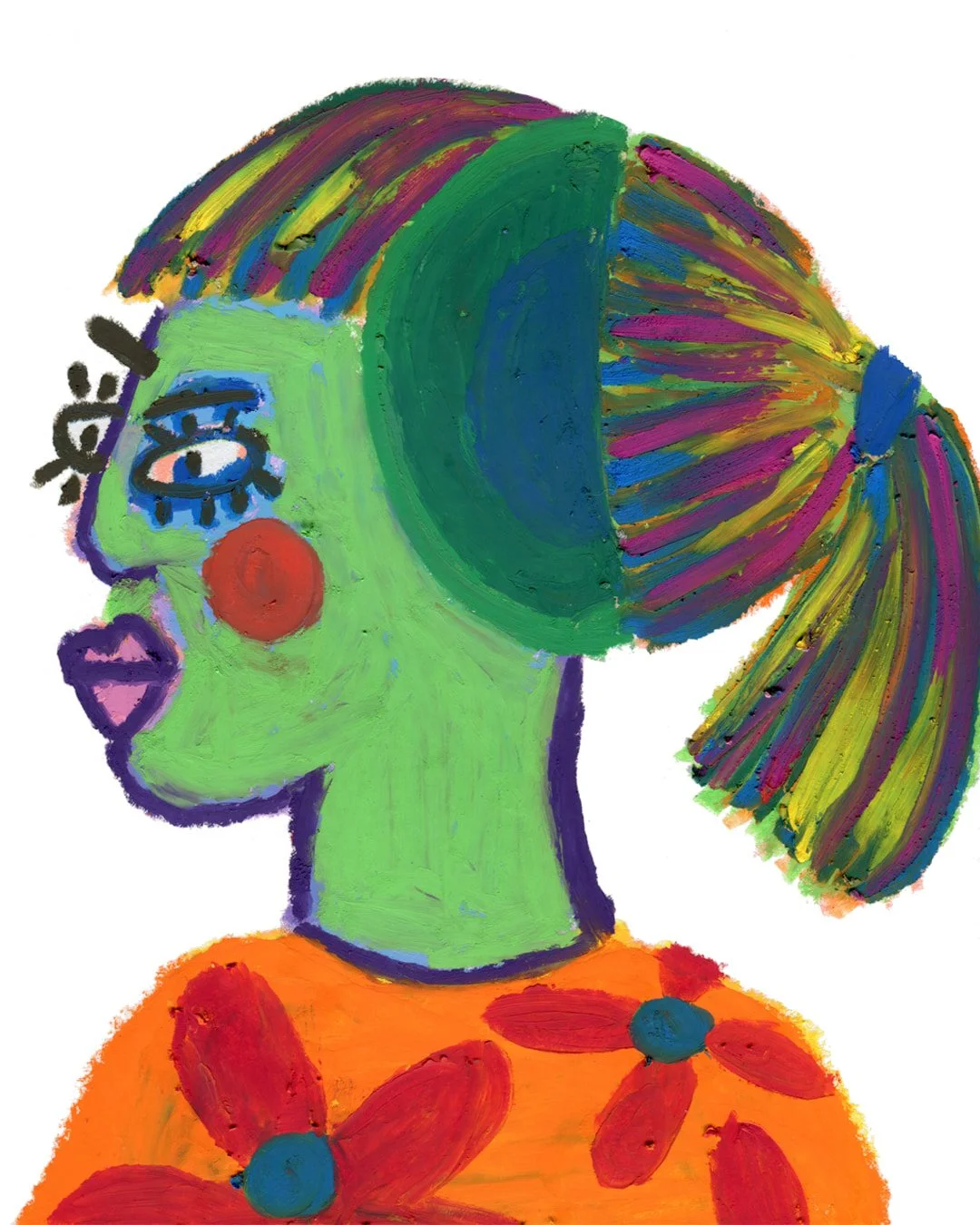 An oil pastel painting of a girl with vibrant, colorful hair, showcasing various shades and styles in an artistic representation.