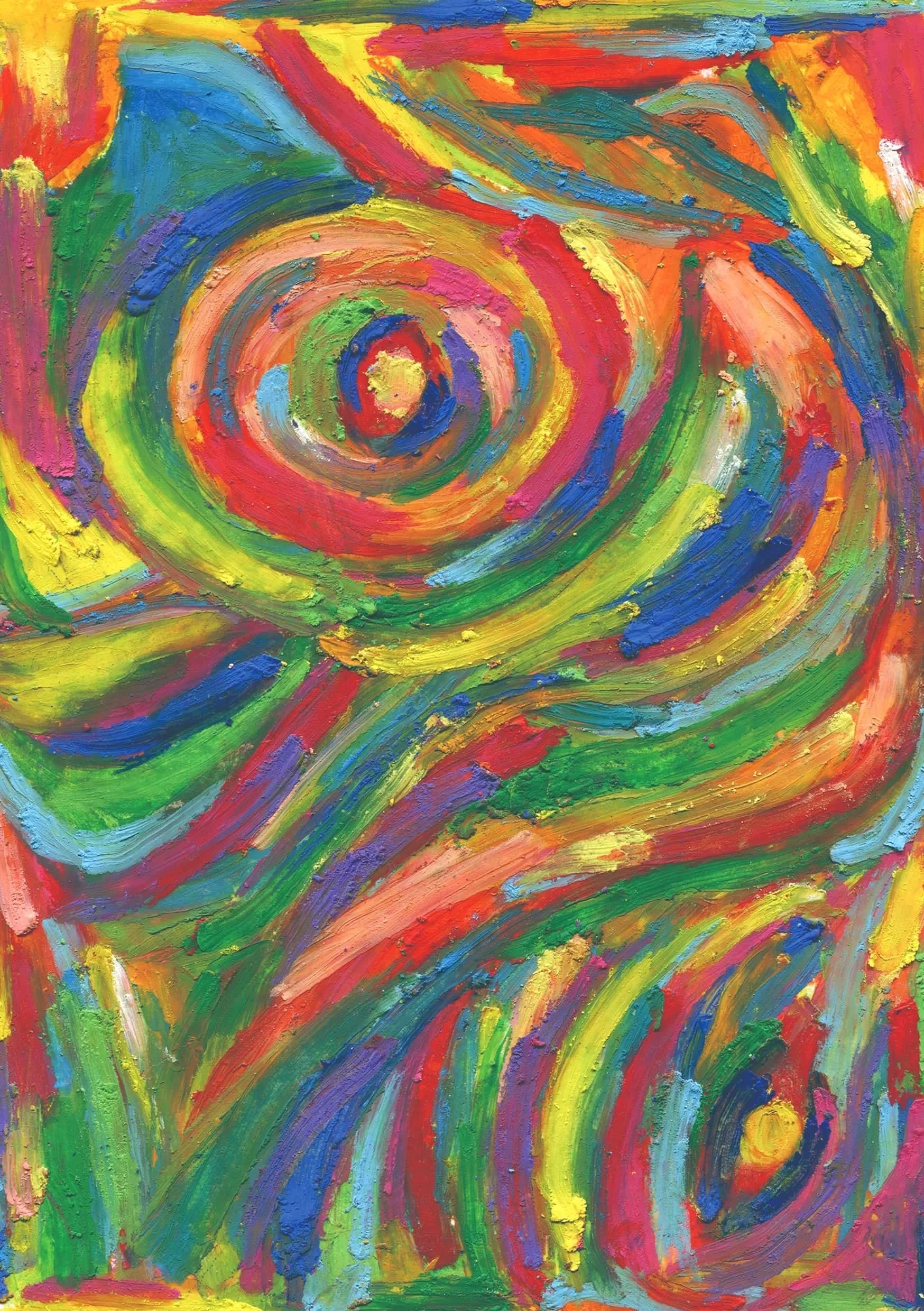 An abstract oil pastel painting showcasing a blend of swirling colors, including pink, teal, and gold, creating a lively and harmonious scene.
