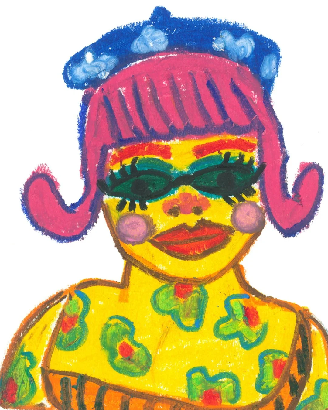 Abstract figure in bright pink, blue, and yellow tones.