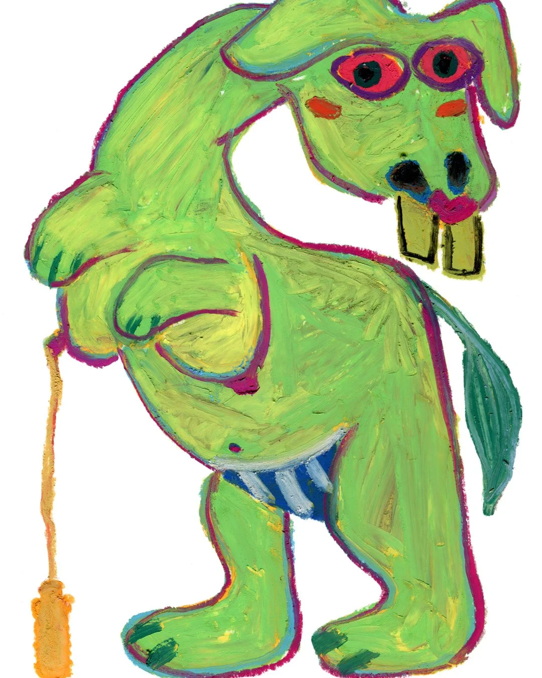 Green weird creature is squeezing it breast for energy. Painting in oil pastel on fine arts paper by HK artist