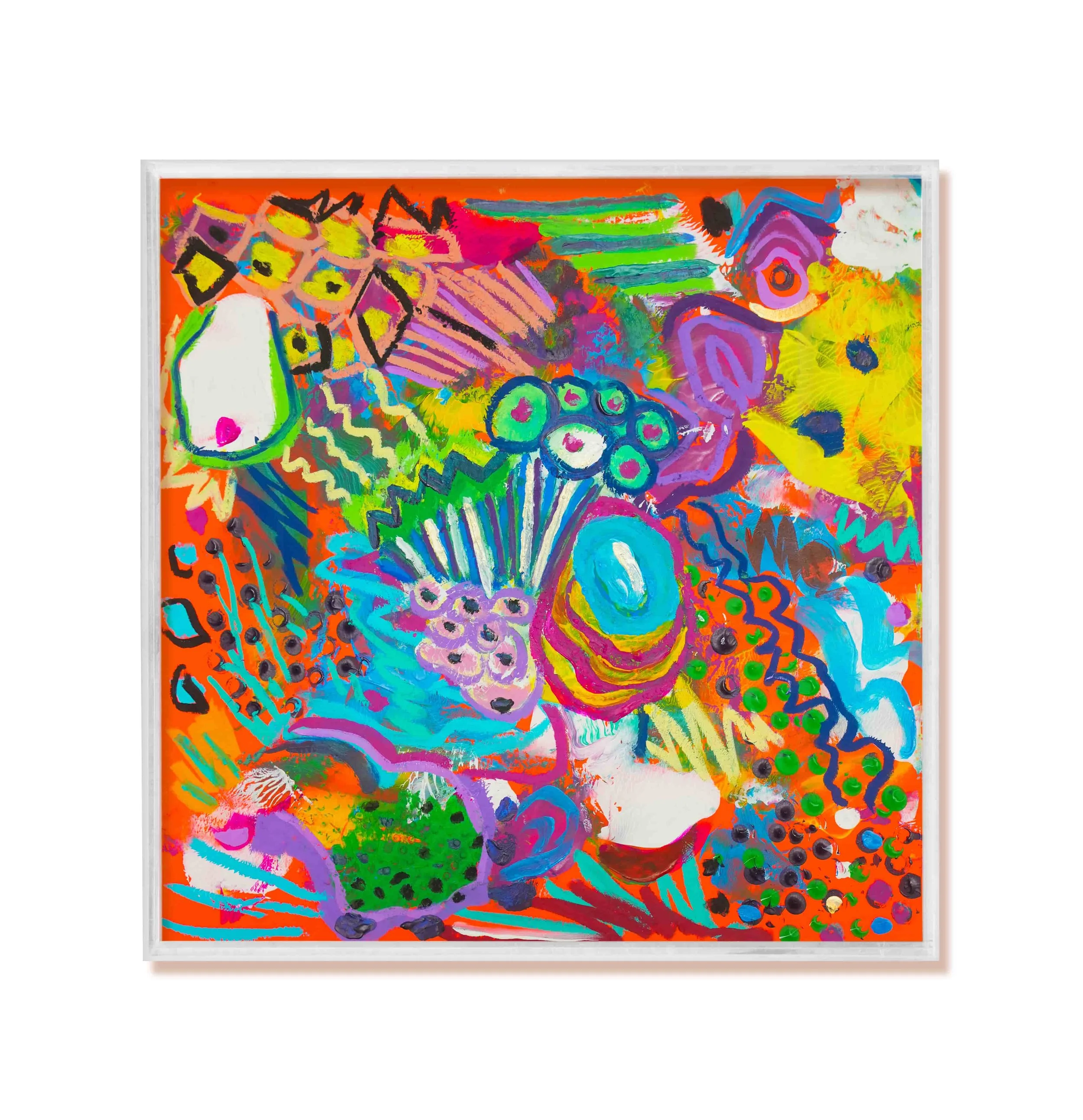 Colorful abstract painting with dynamic shapes and cellular elements, highlighting intricate textures and vivid hues.