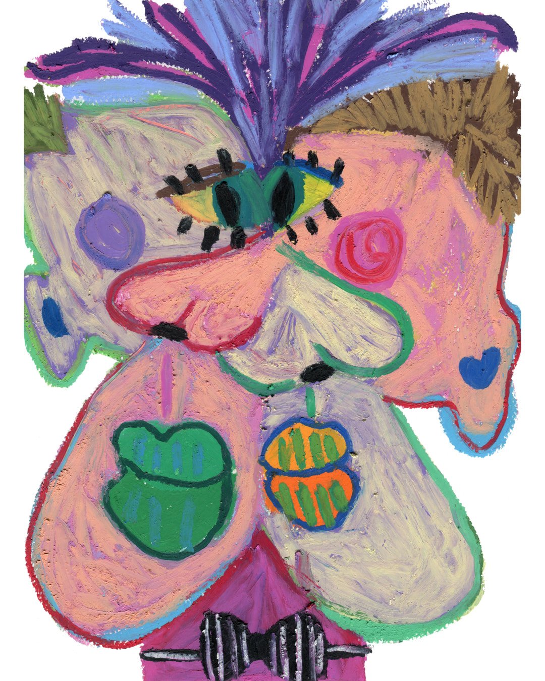 Two sides faces, one look to the left, one look to the right. big nose and huge lips. Painting in oil pastel on fine arts paper by HK artist