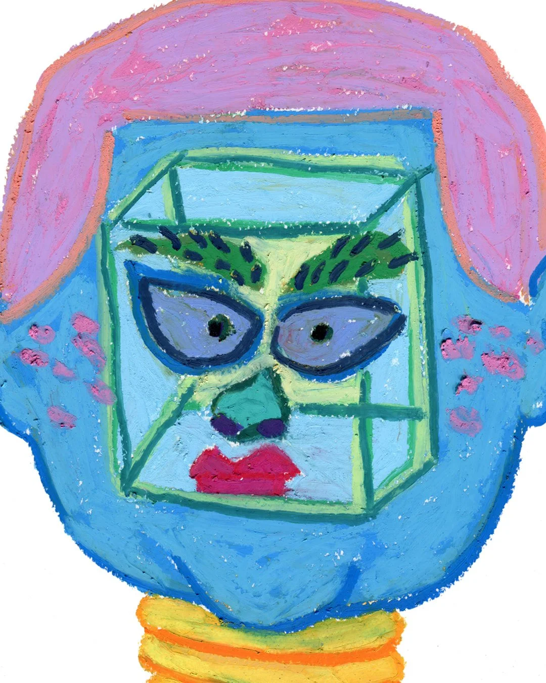 A big-headed man with all his facial features concentrated in the middle of his face, like they're contained inside a cube.Painting in oil pastel on fine arts paper by HK artist