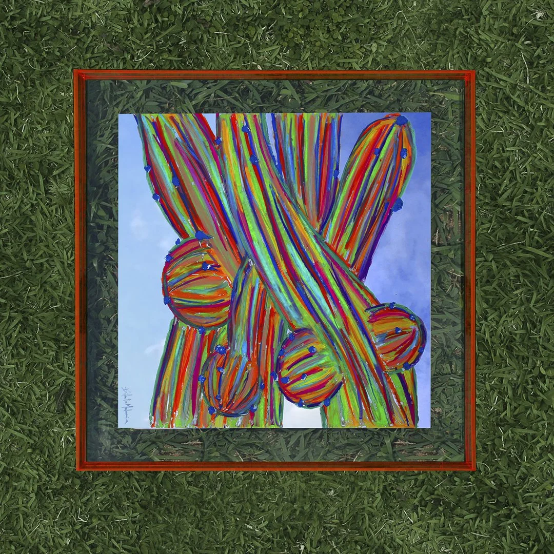A vibrant cactus painting created directly on a mirror with an orange transparent frame, resting on grass, showcasing meticulous brushwork and rich color depth.