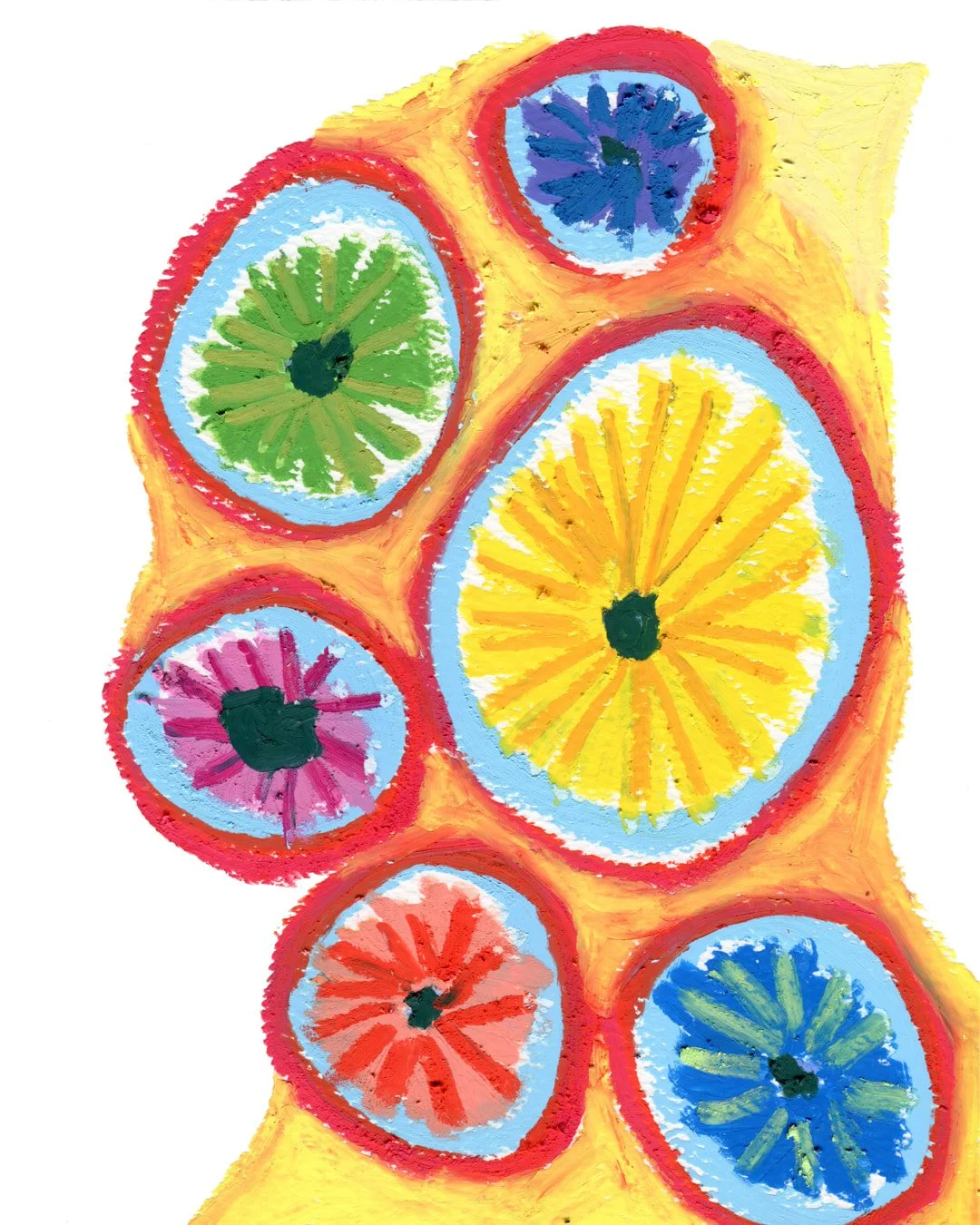 A bizarre yellow creature with facial features that look like clusters of round mushrooms.Painting in oil pastel on fine arts paper by HK artist