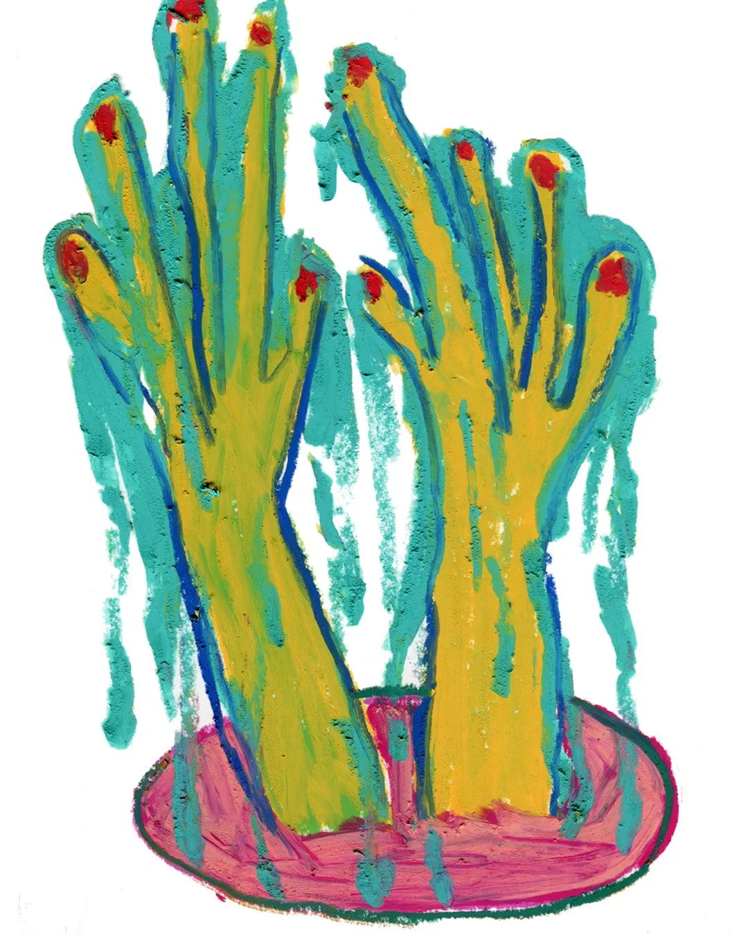 Two hands covered in green paint, showcasing a artistic expression that they just came out from the pink ground hole. Painting in oil pastel on fine arts paper by HK artist