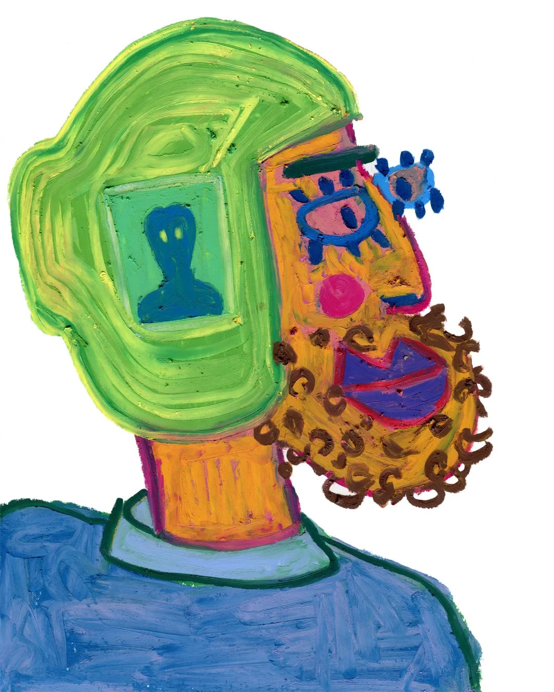 Painting of a man with a beard and a shocking green helmet, representing a bold and self-control spirit.Painting in oil pastel on fine arts paper by HK artist