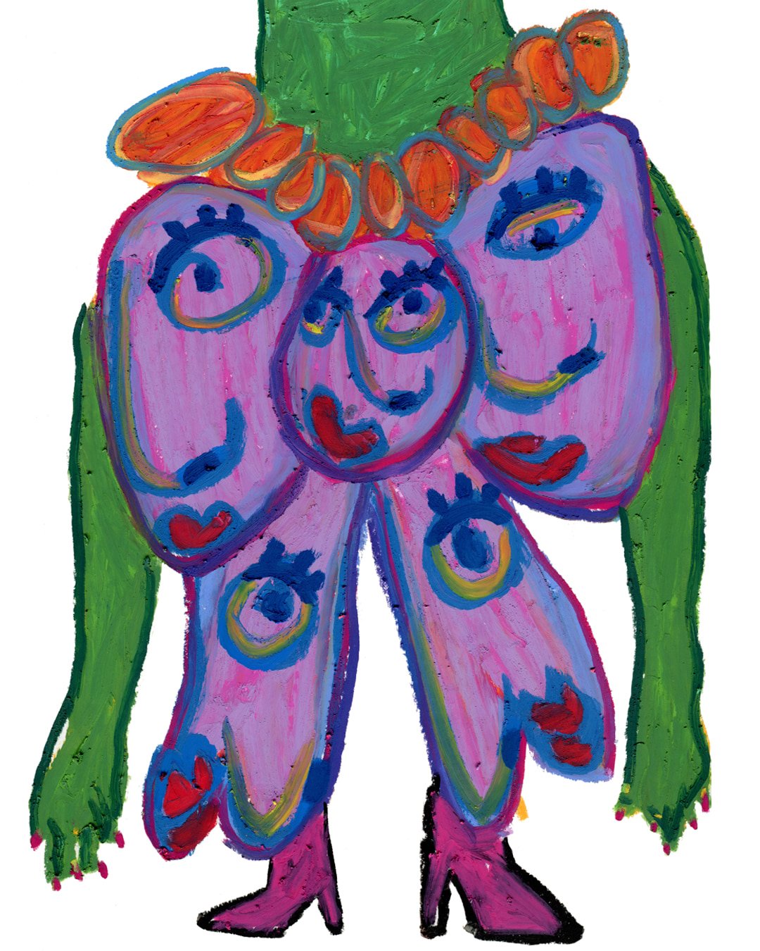 A whimsical painting of a green giant bowie featuring multiple faces, each with unique expressions and features. Painting in oil pastel on fine arts paper by HK artist