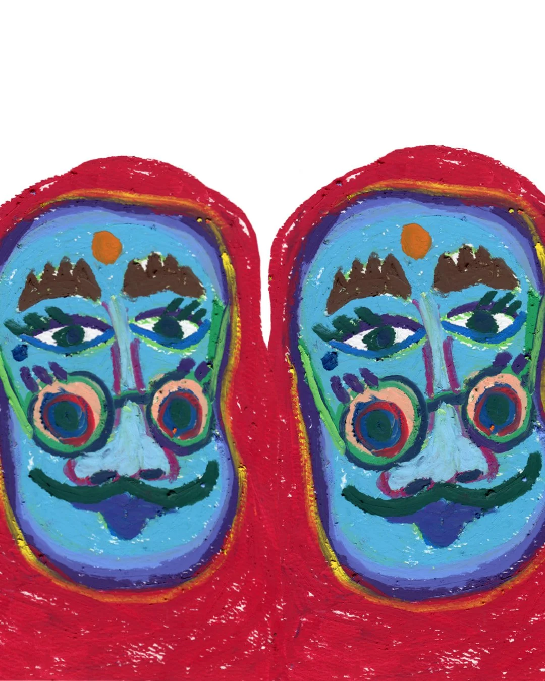 Two blue humain-like faces, different but looks very alike. Painting in oil pastel on fine arts paper by HK artist