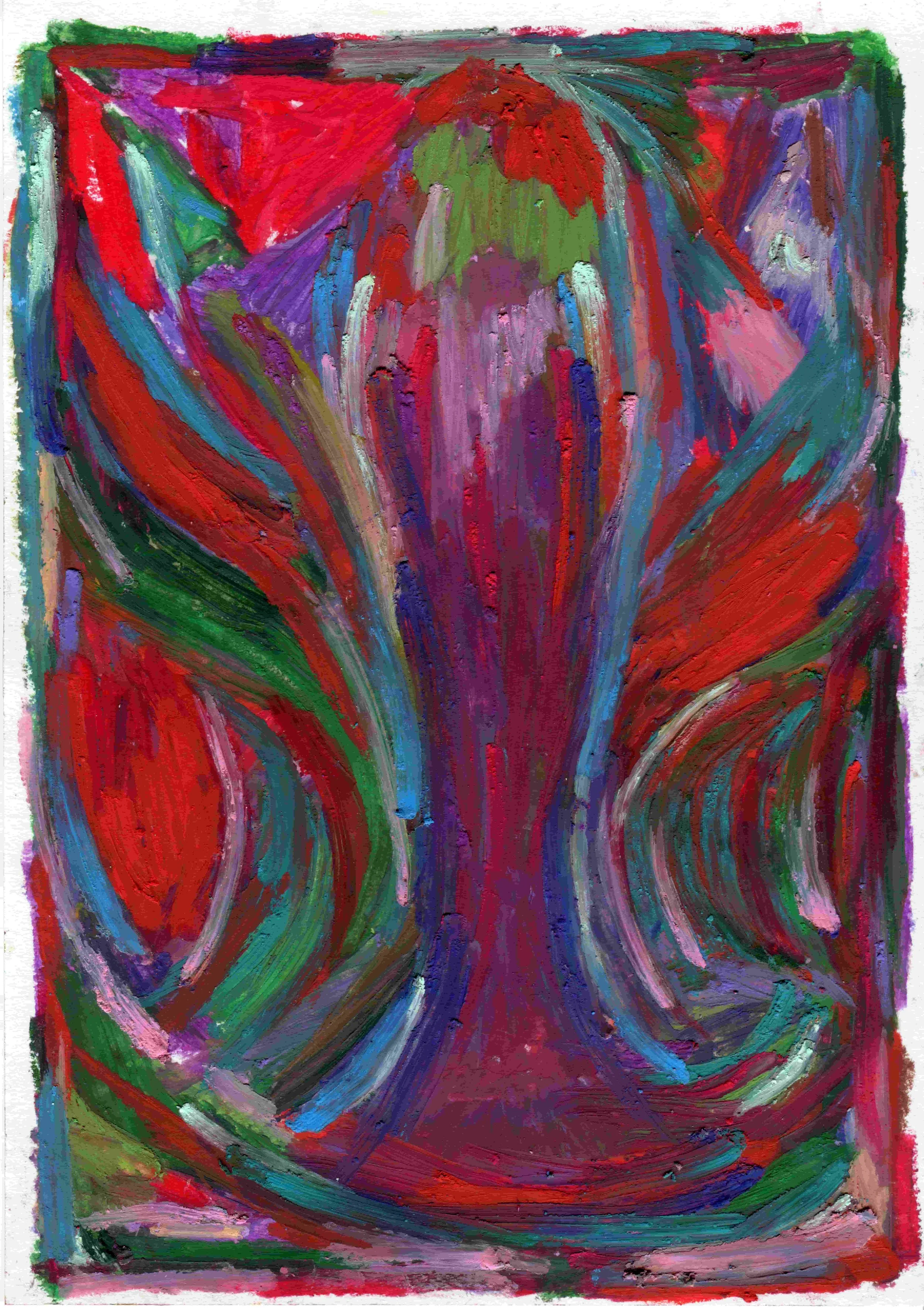A vibrant painting featuring a red and green abstract composition, emphasizing vivid colors and dynamic shapes.