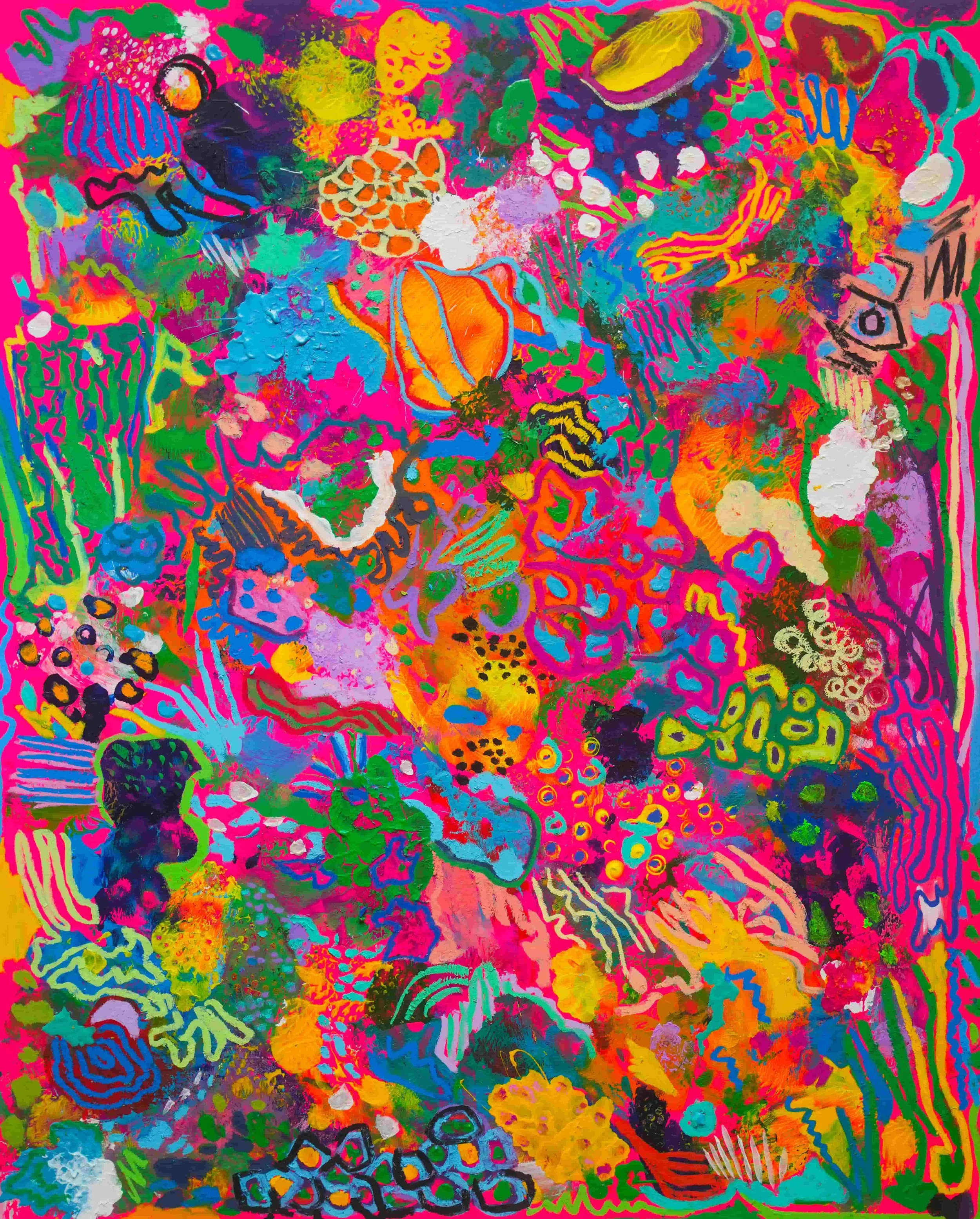 A colorful painting displaying a variety of hues and textures, emphasizing the artist's technique and choice of materials.