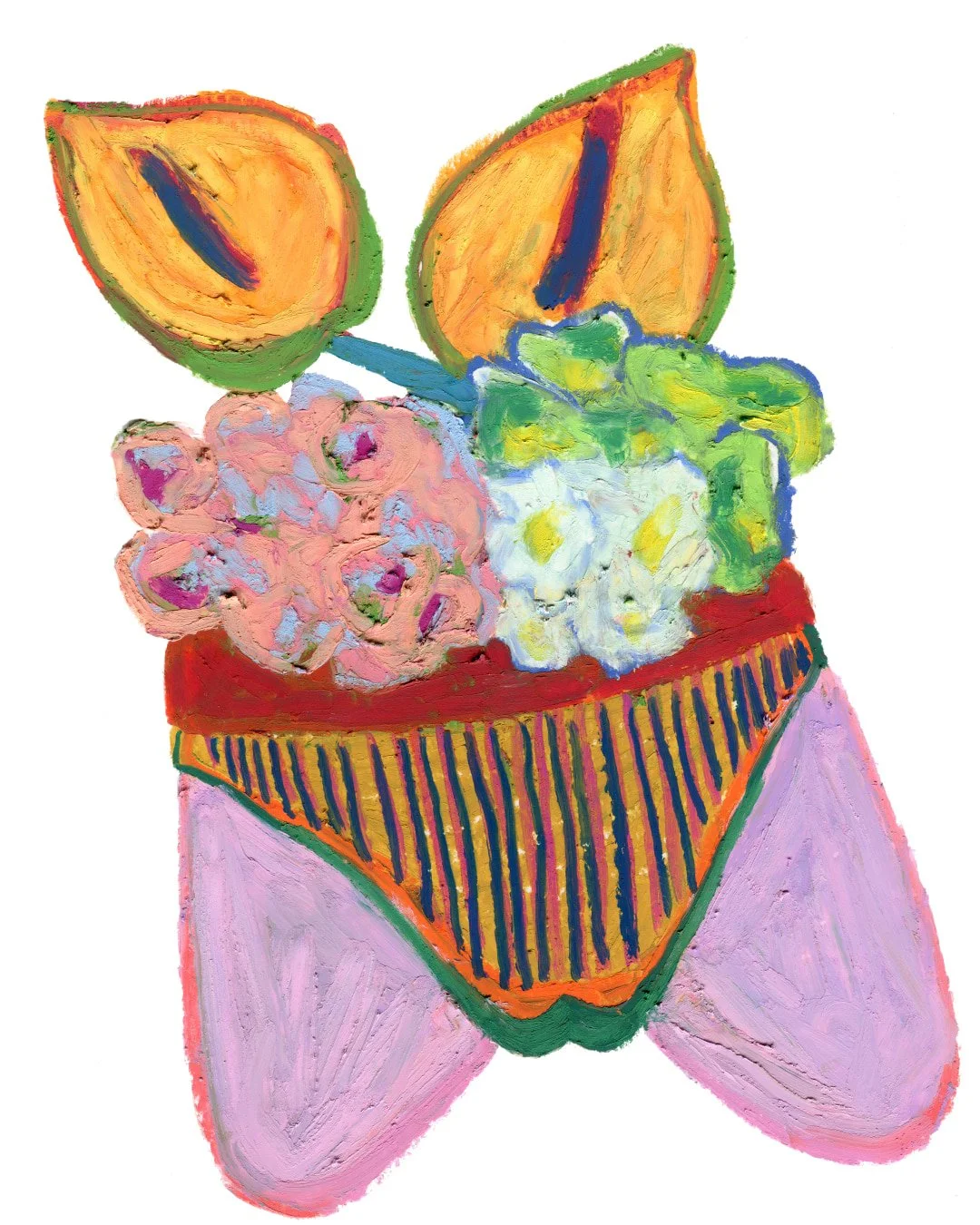 A vibrant painting of a colorful flower arrangement displayed in an elegant double-U shaped vase. Painting in oil pastel on fine arts paper by HK artist