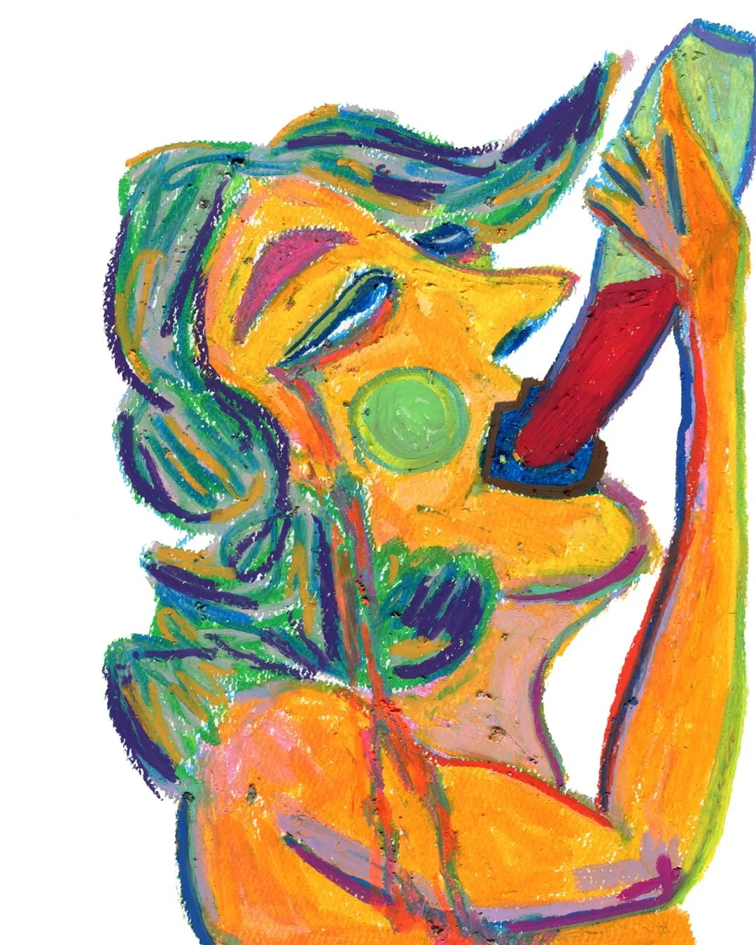 Oil pastel painting of a long hair man enjoying a drink from a bottle, with a serene expression and flowing hair meanwhile he's dropping tears