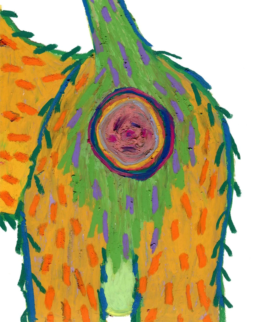 A painting of a large dog with orange and green coloured hair, showcasing its unique asswhole. Painting in oil pastel on fine arts paper by HK artist