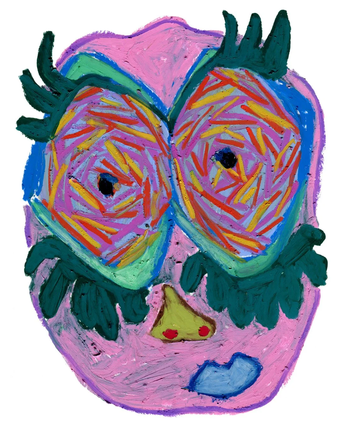 A portrait of a pink creature, it have a pair of strikingly colorful eyes.Painting in oil pastel on fine arts paper by HK artist