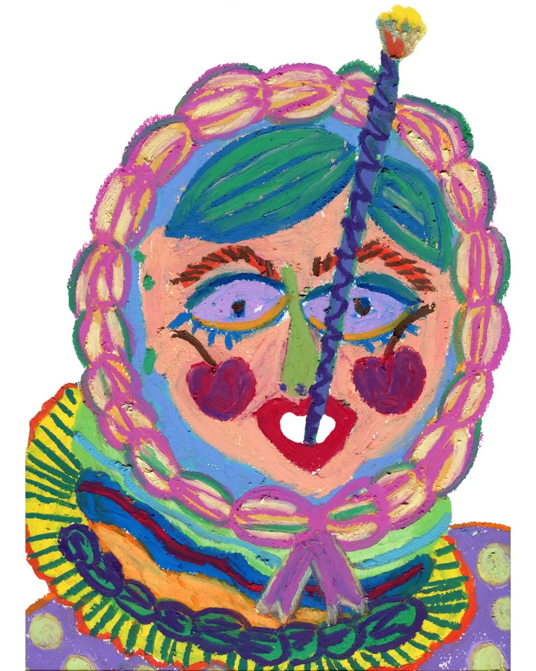 Colourful man faced birthday cake, a long candle come out from his mouth.Painting in oil pastel on fine arts paper by HK artist