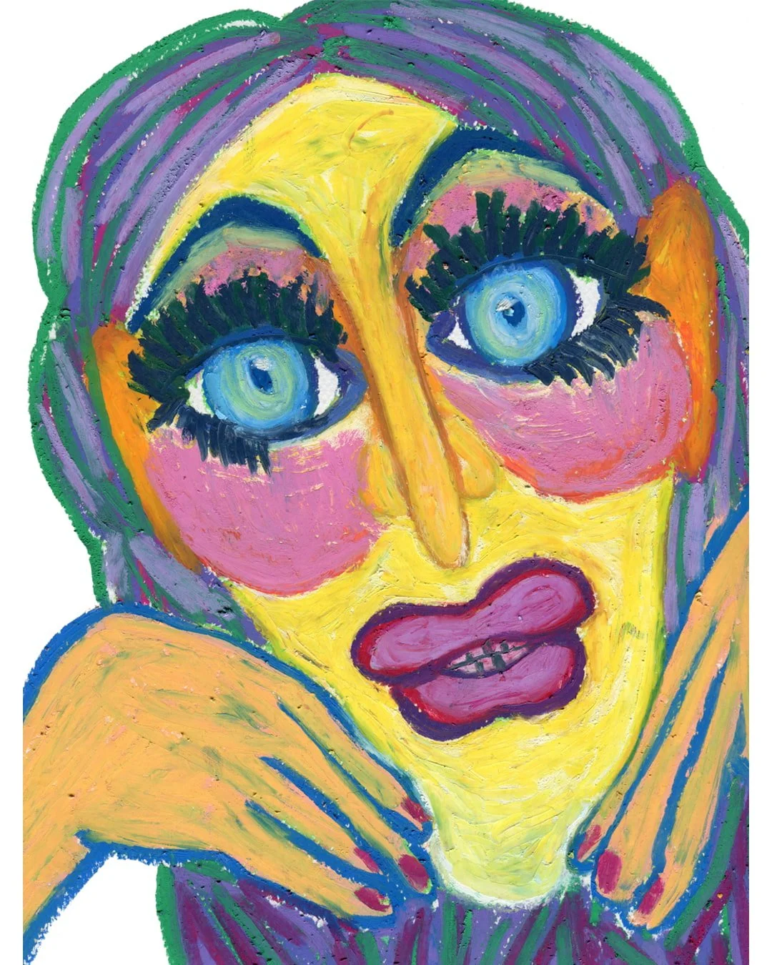 A face with too much plastic surgery. Painting in oil pastel on fine arts paper by HK artist