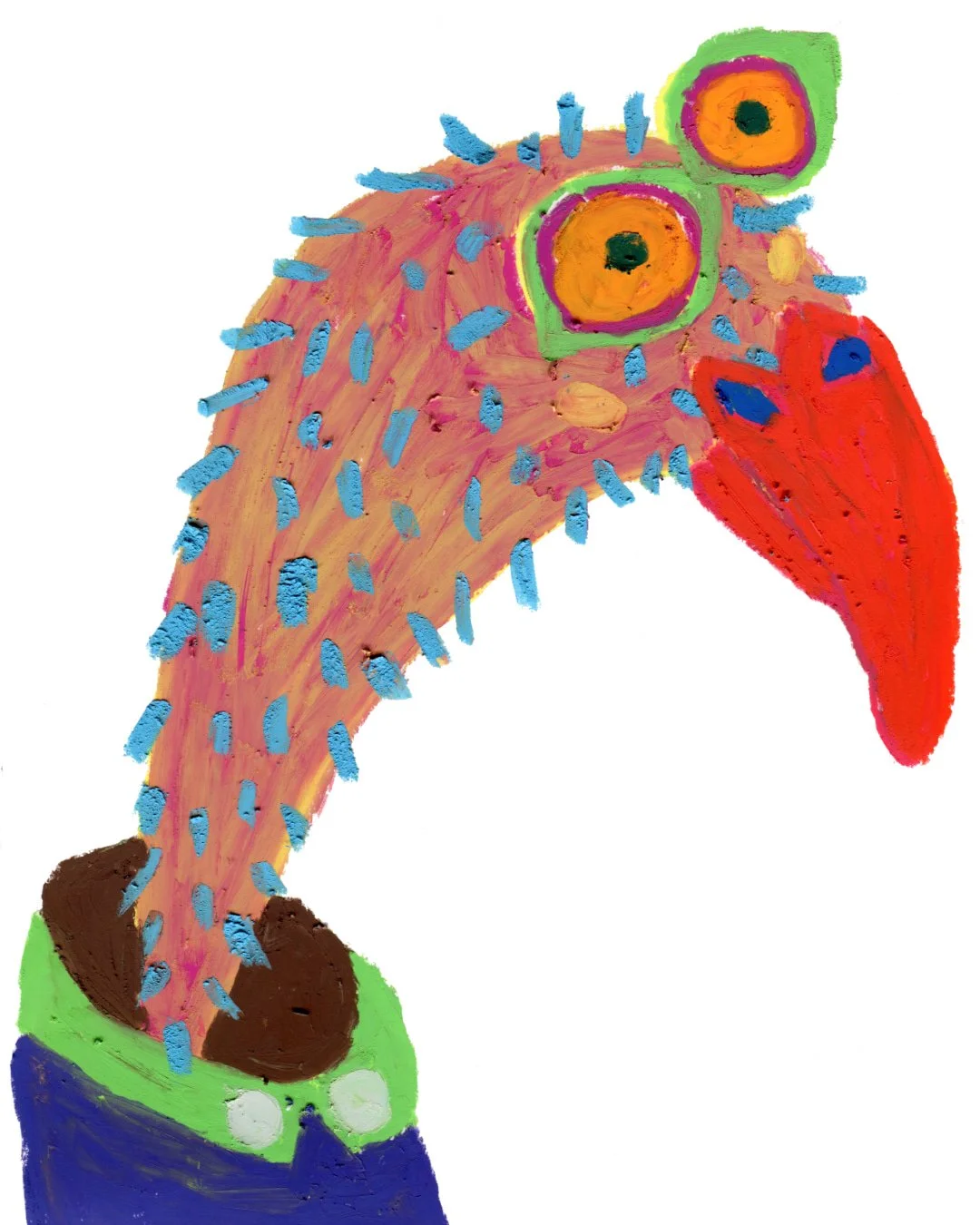 A bird with a big red beak, it eyes looks shocked. Painting in oil pastel on fine arts paper by HK artist