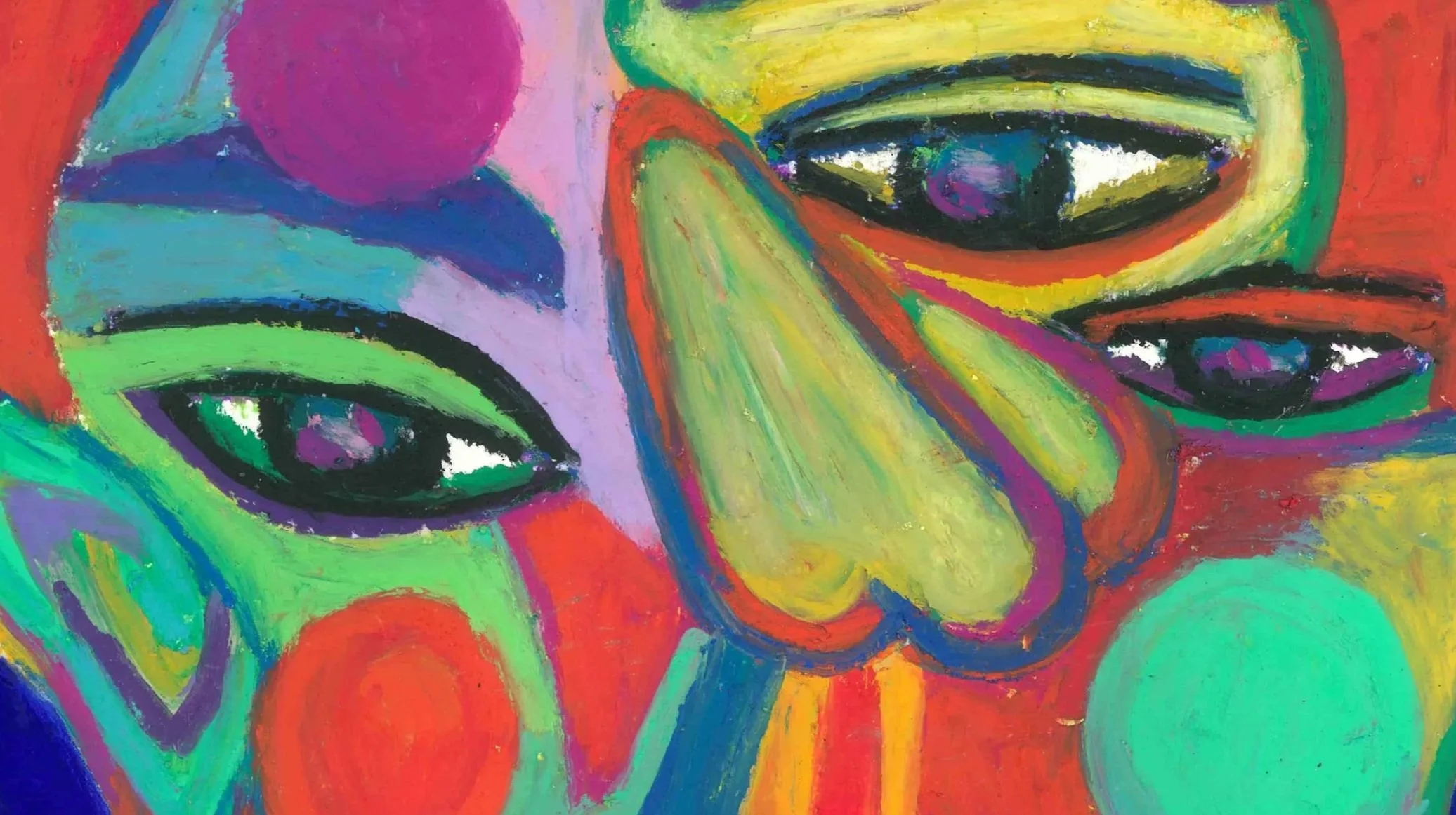 A surreal painting showcasing a face with oversized eyes and a stylized nose, surrounded by swirling patterns and vivid hues.
