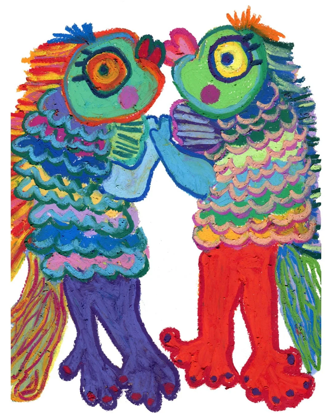 Two vivid colour mermaid, holding each other hands. Painting in oil pastel on fine arts paper by HK artist