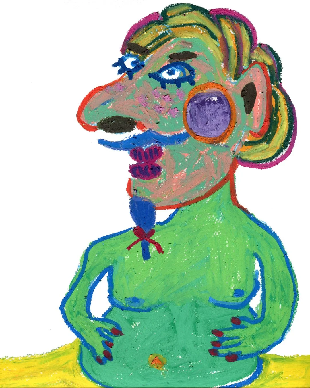 Long hair man with a big nose, his hands are holding up his big belly. Painting in oil pastel on fine arts paper by HK artist