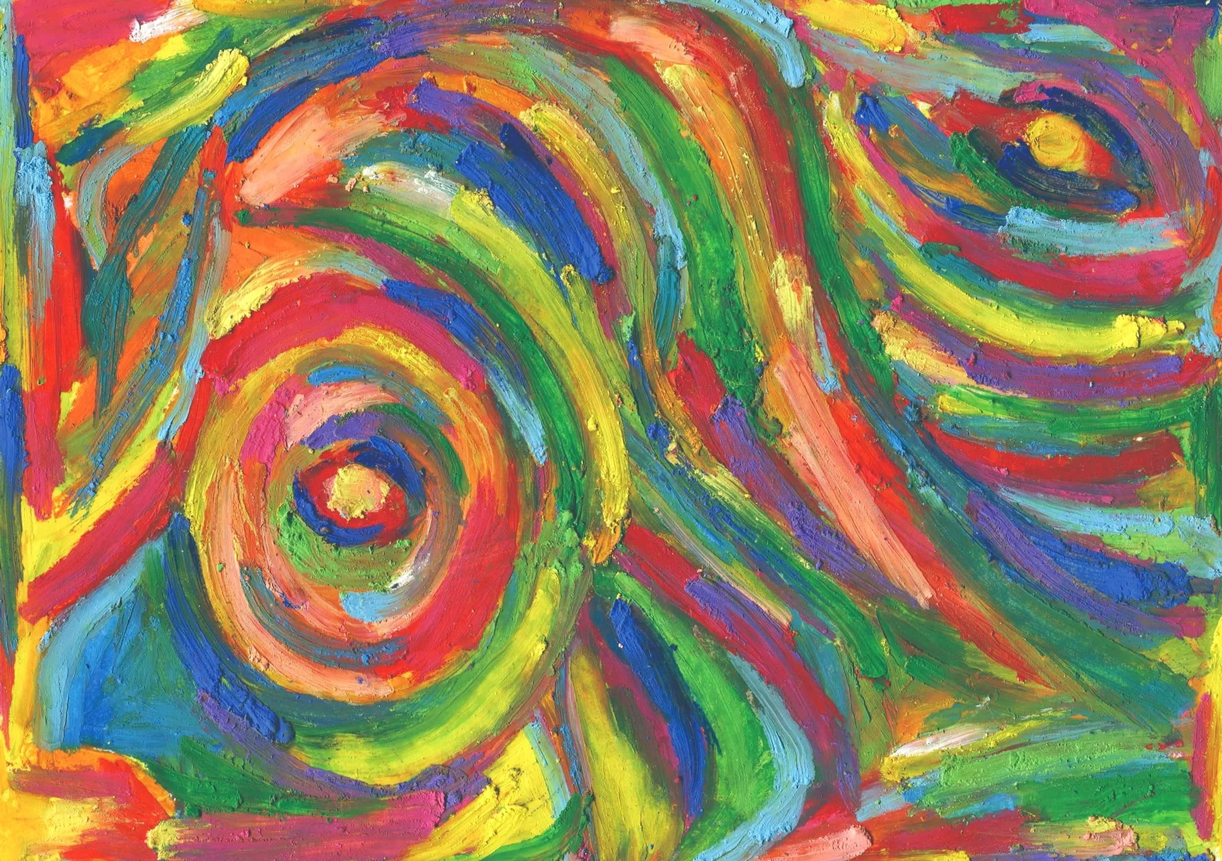 An abstract painting characterized by dynamic swirls of bright colors, including orange, green, and violet, conveying energy and creativity.